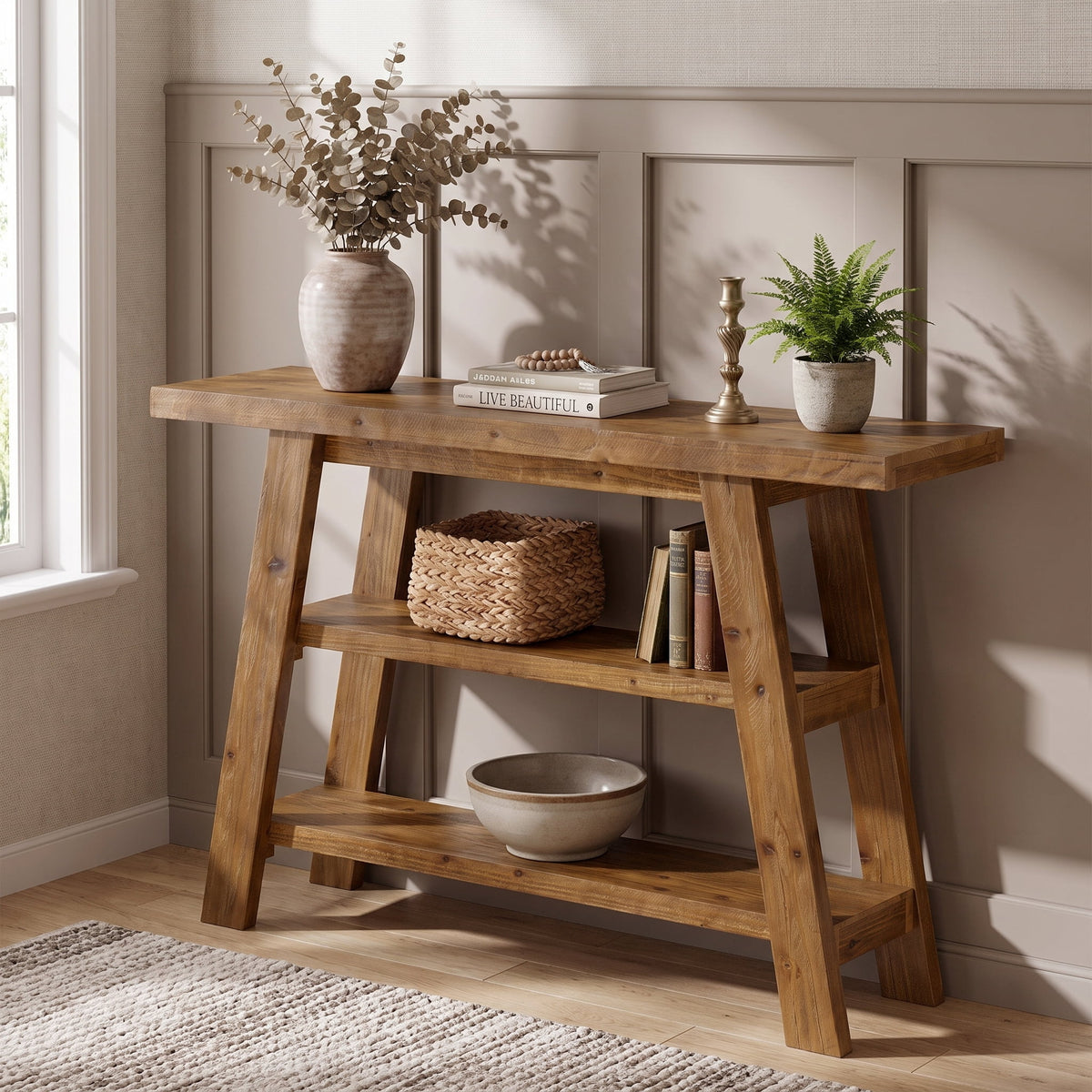 Fnova 47.24-Inch 3-Tier Solid Wood A-Frame Console Table, Farmhouse Open Storage Sofa Table for Entryway Hallway Living Room Foyer Decor,WM010972_BN_US
