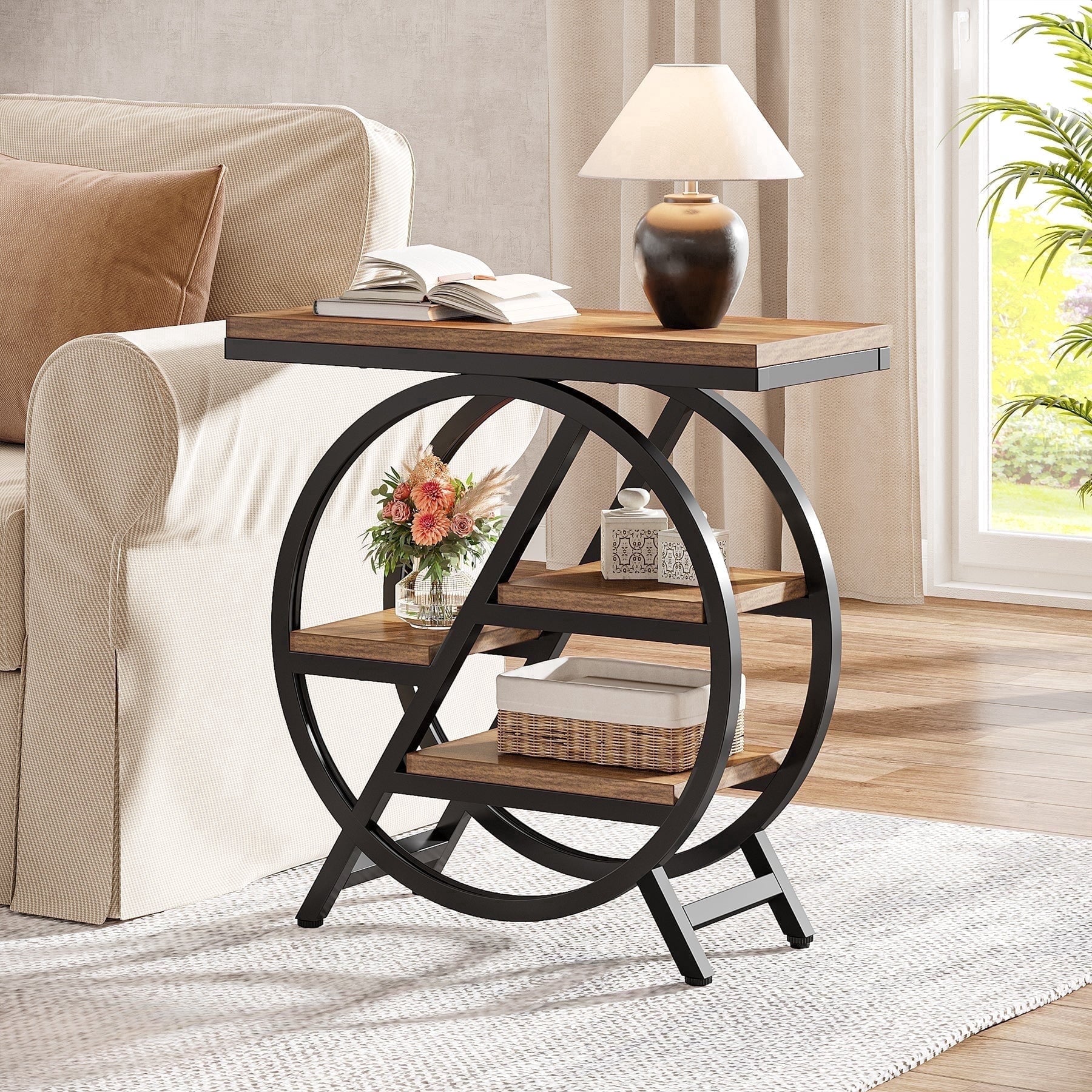 Fnova Side Table with Circular Metal Frame, End Table with 4-Tier Shelves for Living Room, Brown,Brown