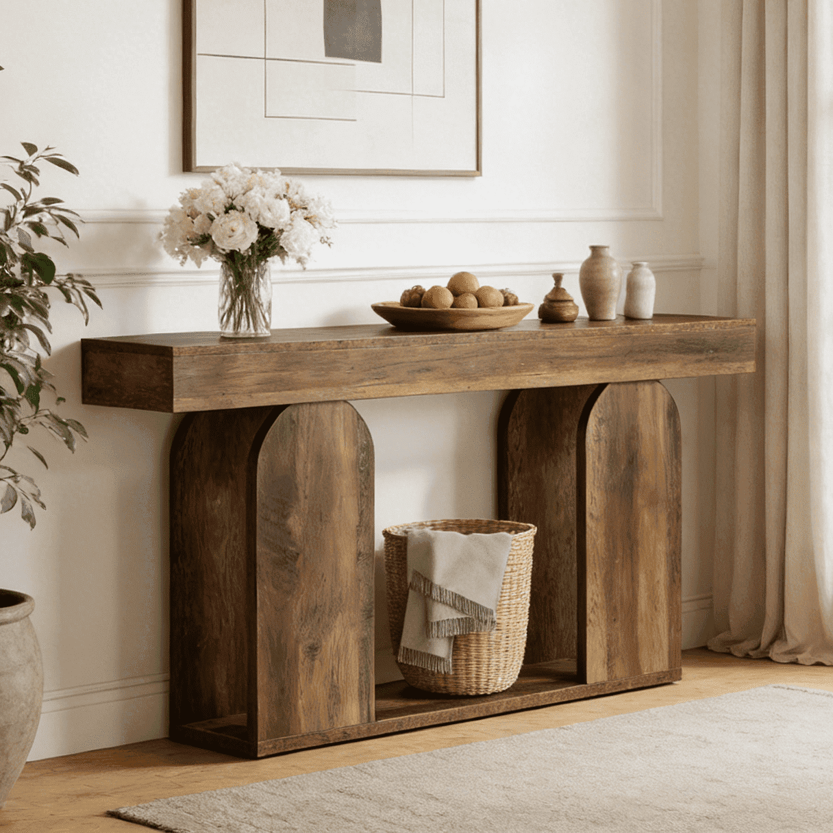 Fnova 70.87" Farmhouse Console Table for Entryway, 2-Tier Storage Long Narrow Wood Entryway Table, Easy Assembly, Brown,Brown