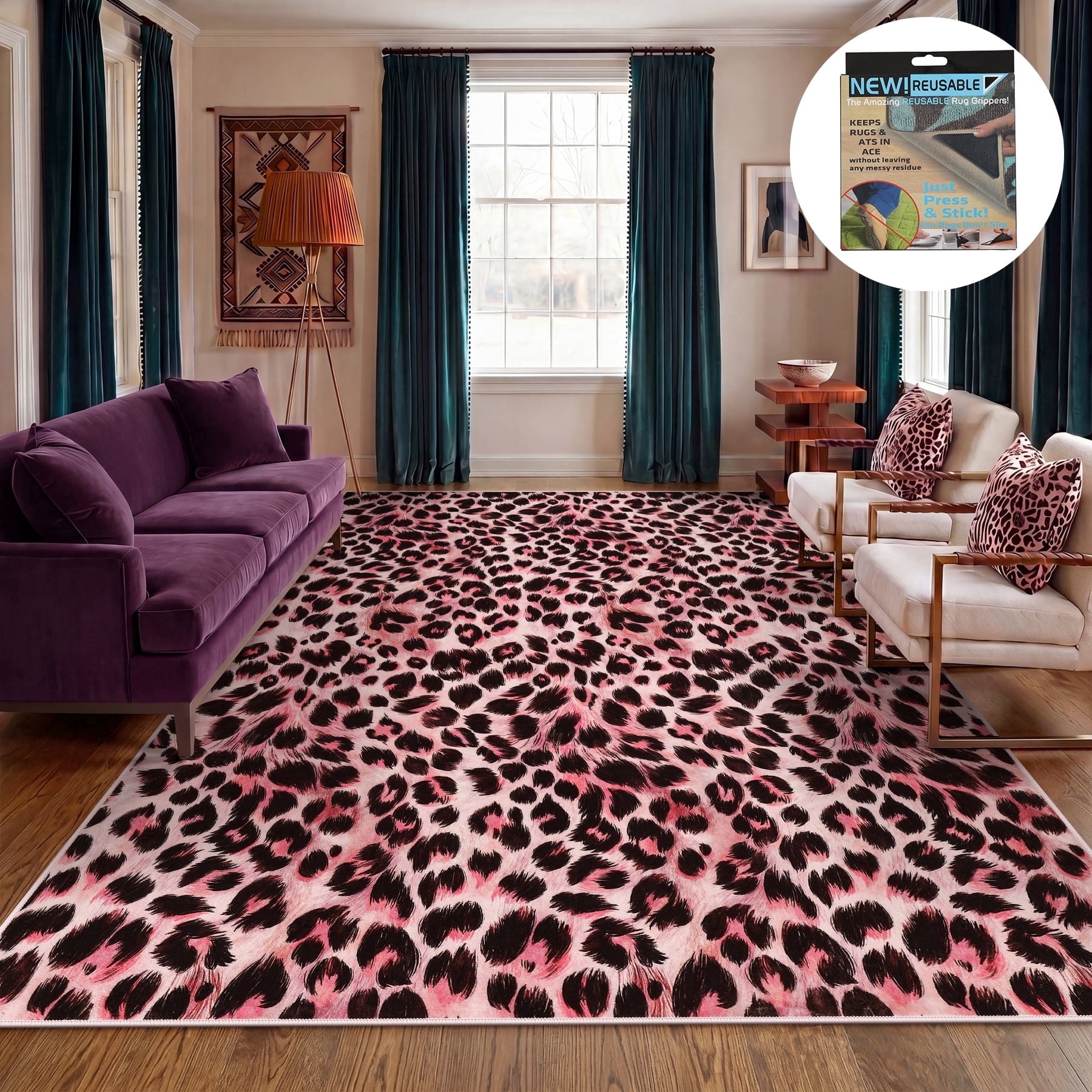 Fnova Leopard Print Area Rug, 8' x 10' Machine Washable Non Slip Rug for Living Room Bedroom Kitchen, Kid and Pet Friendly Low Pile Indoor Carpet,Pink,8' x 10'