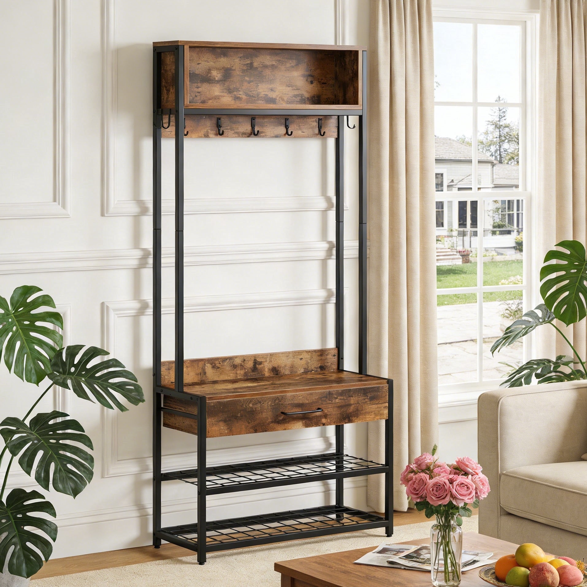 Fnova Entryway 71-Inch Storage Rack with 9 Hooks, Drawer & Top Shelf, Industrial Organizer Cabinet Clothes Rack Coat Rack Hall Tree For Hallway, Entryway, Bedroom, Easy Assembly,WM010532_BN_Shelf