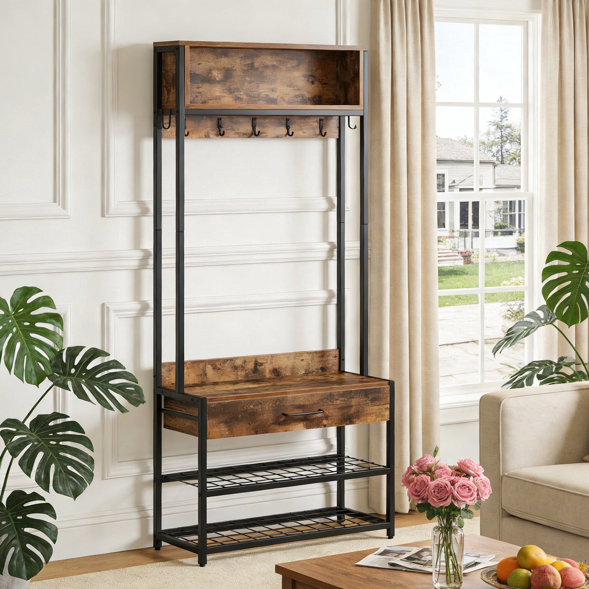 Fnova Entryway 71-Inch Storage Rack with 9 Hooks, Drawer & Top Shelf, Industrial Organizer Cabinet Clothes Rack Coat Rack Hall Tree For Hallway, Entryway, Bedroom, Easy Assembly,WM010532_BN_Shelf