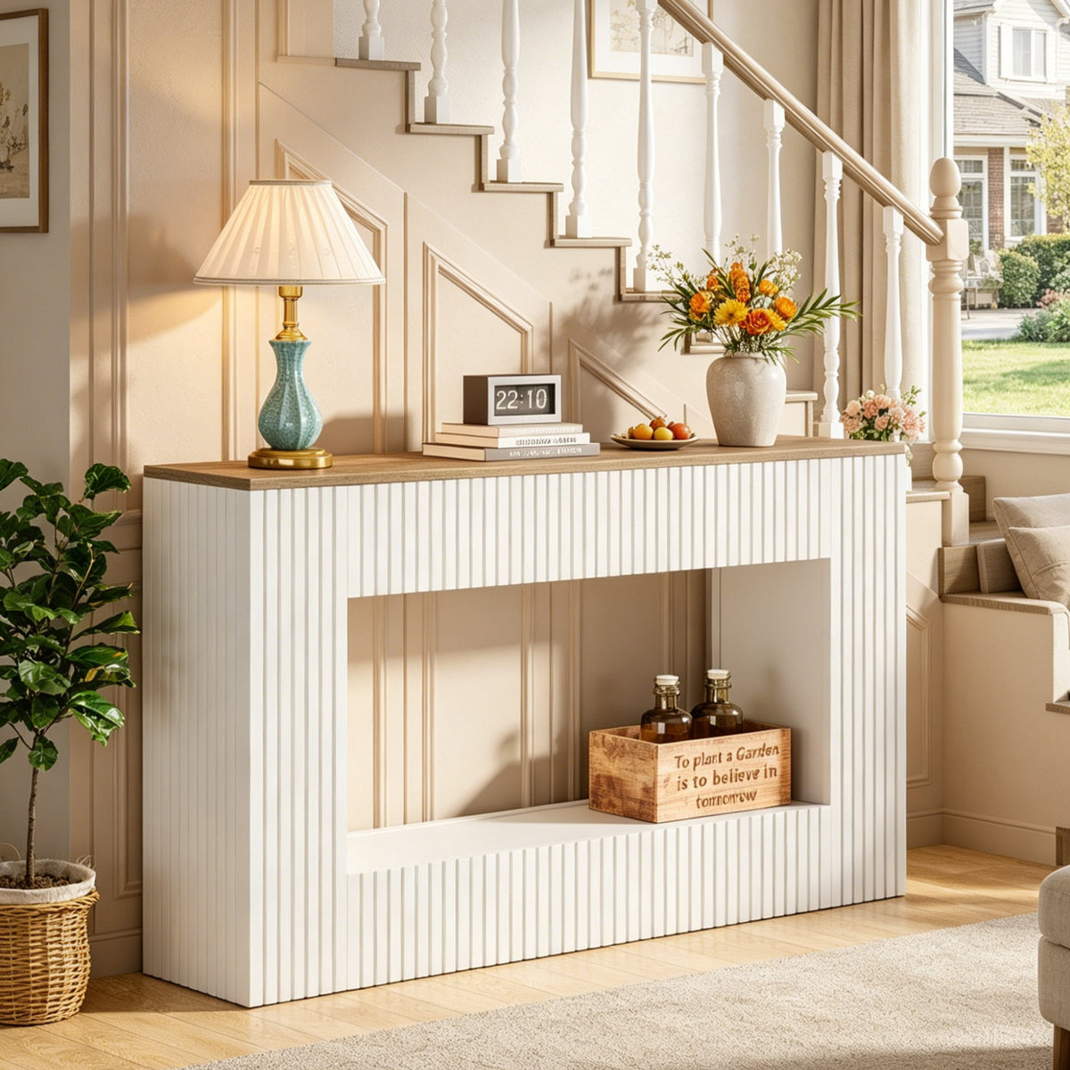 Fnova 55-Inch Modern Console Table with 2-Tier Storage, Farmhouse Wood Entryway Table, Narrow Sofa Table for Living Room, Hallway, Behind Couch,WM010339_BNW_US