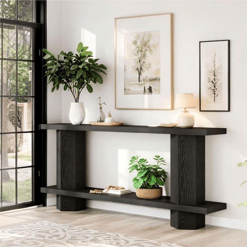 Fnova 71" Farmhouse Console Table, Long Wooden 2-Tier Sofa Table with Storage Shelf for Entryway, Behind Couch, Living Room, Hallway, Foyer,Black