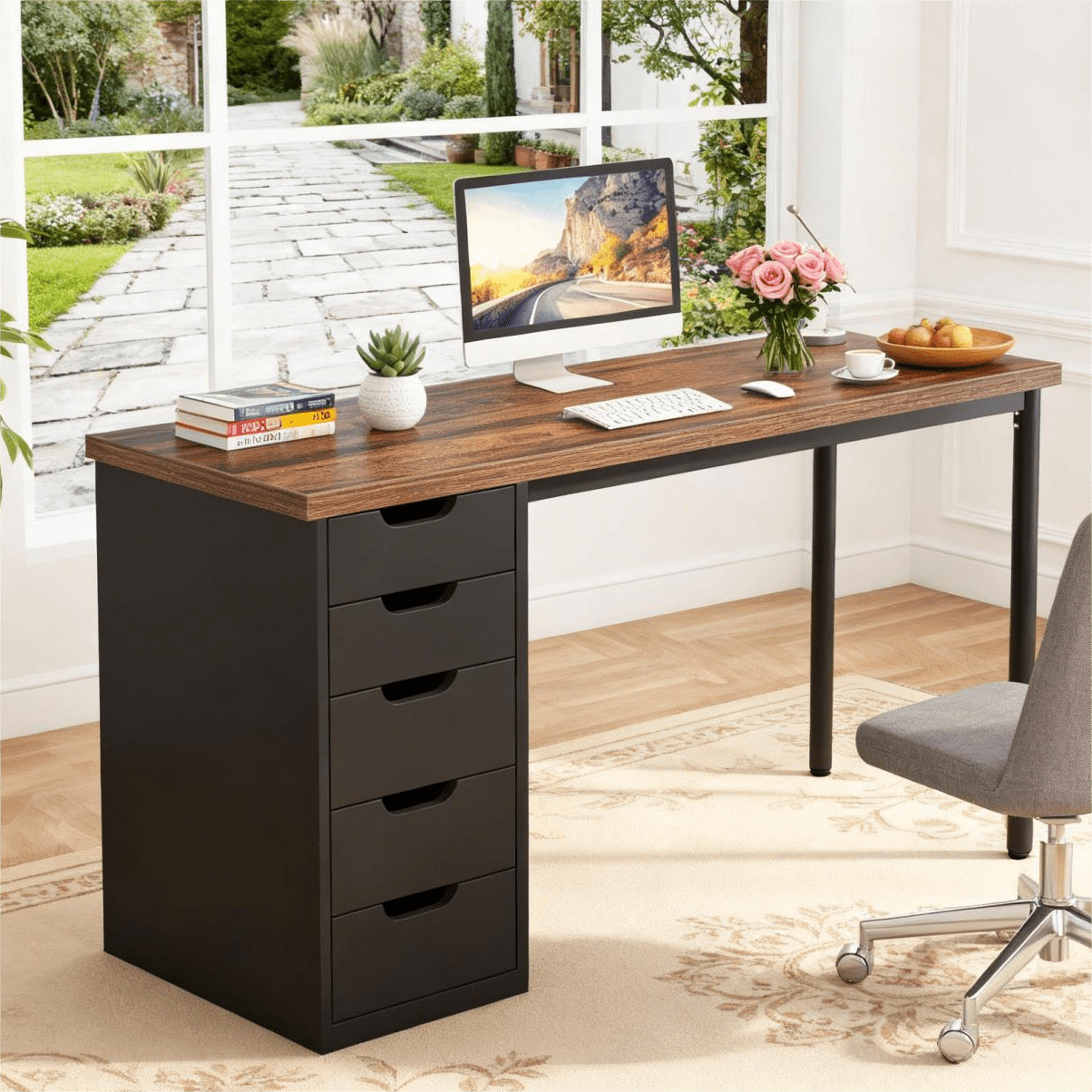 Fnova 47.24" Computer Desk with 5 Drawers, Reversible File Cabinet, Writing Workstation for Home Office Bedroom Study Makeup Vanity Desk Furniture,Brown and Black