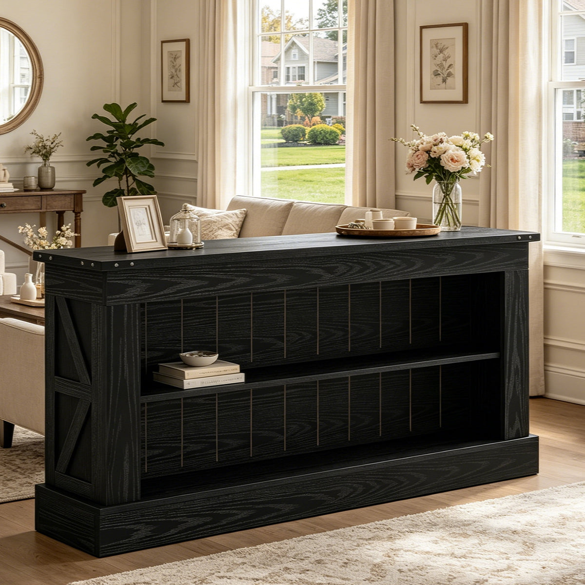 Fnova 63-Inch Farmhouse Console Table, Entertainment Center TV Stand with Open Storage, Narrow Sofa Table for Living Room, Bedroom, Hallway, Foyer,WM010353_B_US