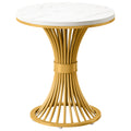 Fnova Modern Round Side Table, Faux Marble Accent End Table with Gold Metal Pedestal Base, Small Nightstand for Bedroom, Living Room, Sofa Side, White & Gold
