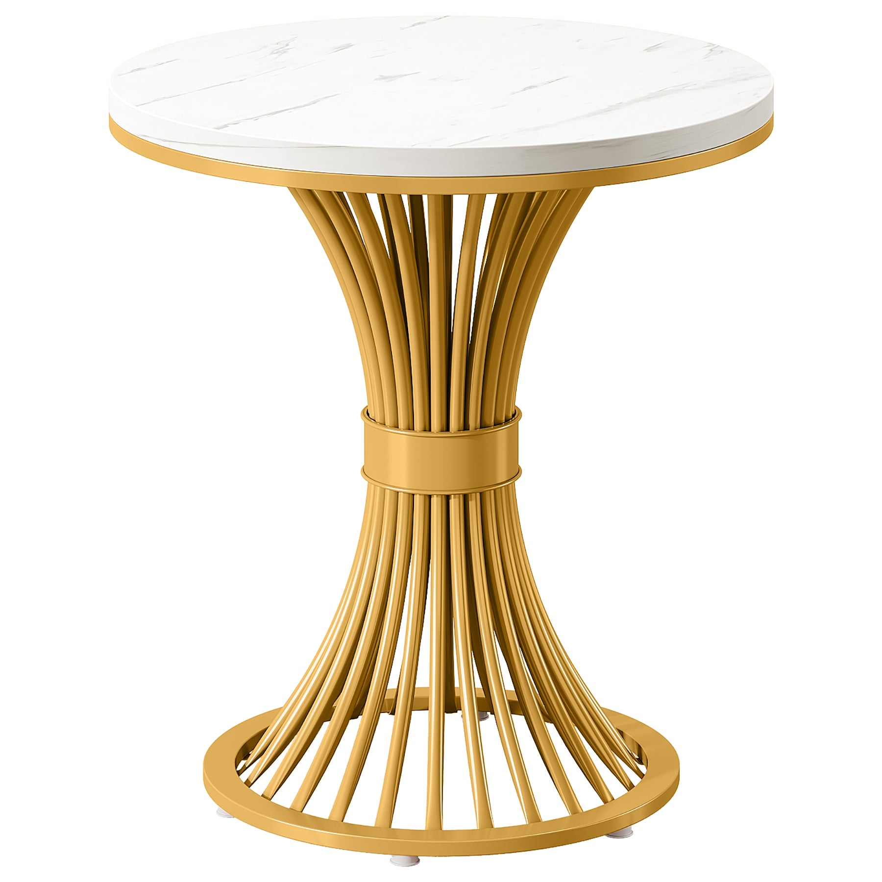 Fnova Modern Round Side Table, Faux Marble Accent End Table with Gold Metal Pedestal Base, Small Nightstand for Bedroom, Living Room, Sofa Side, White & Gold