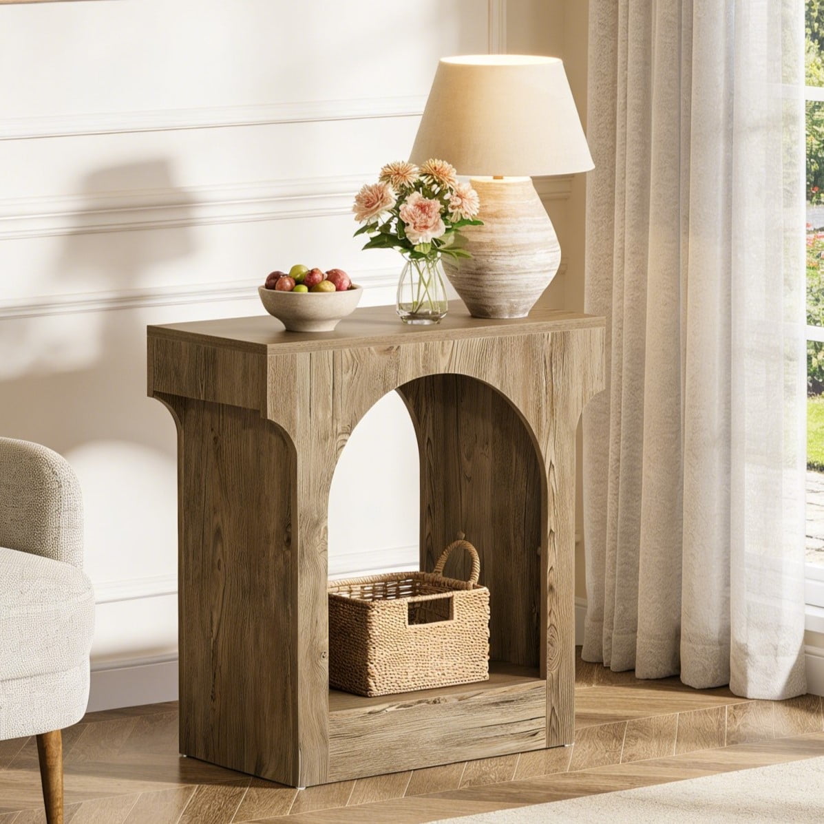 Fnova Arched End Table, Wood Narrow Side Table with Bottom Shelf, Small Space Accent Furniture for Living Room, Bedroom Nightstand, Easy to Assemble,Gray