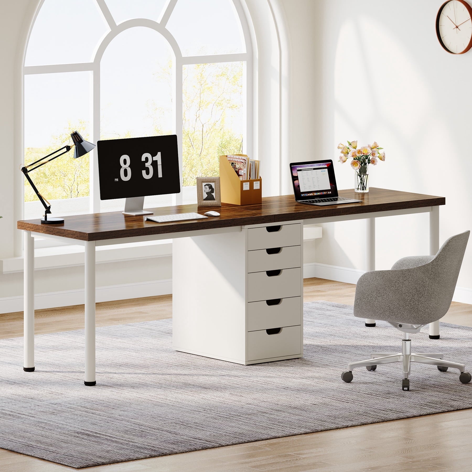 Fnova 78.7" Two-Person Computer Desk with 5 Drawers, Extra Long Modern Double Office Desk Study Writing Workstation for Home Office,Brown White