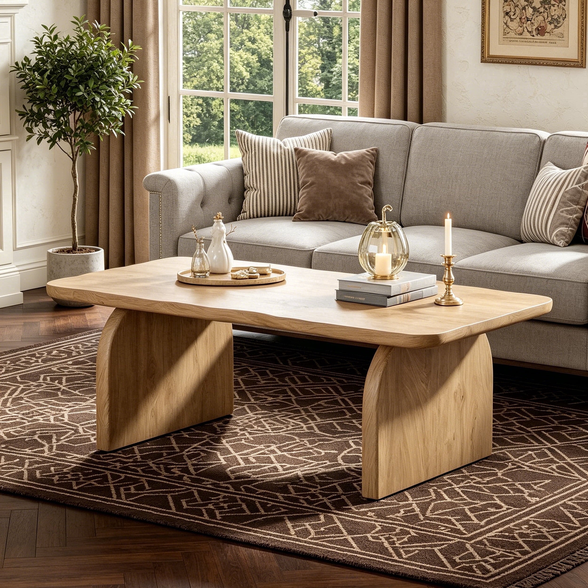 Fnova Farmhouse Coffee Table for Living Room, 47.24" Rectangle Wood Coffee Table, Easy Assembly,Light Brown