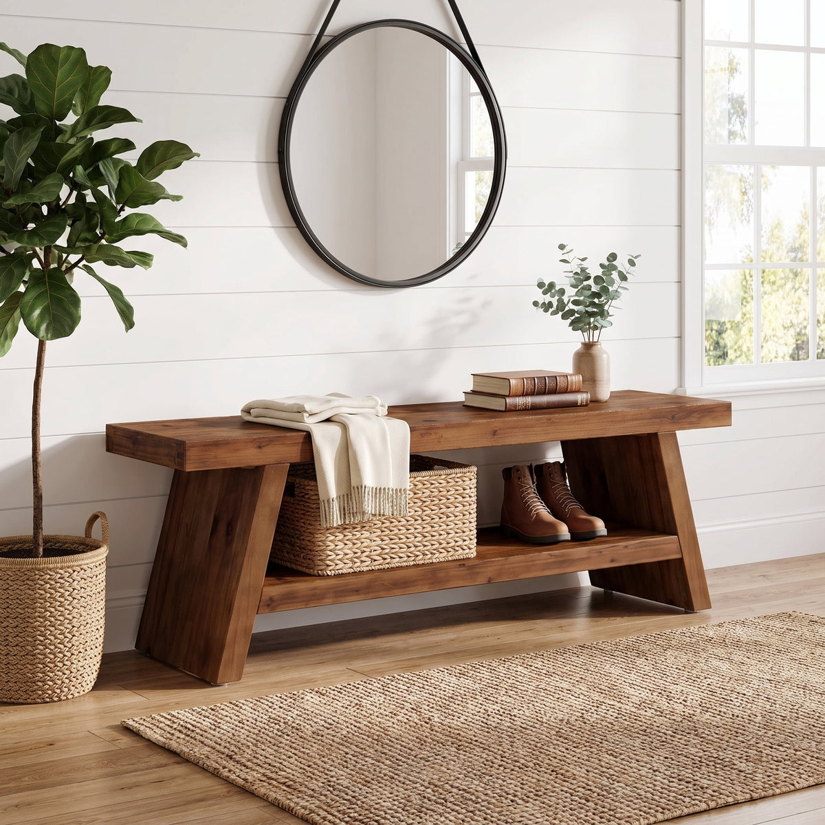 Fnova 47.24 Inch Solid Wood 2-Tier Entryway Bench with A-Frame Shoe Storage, Multi-Functional Wooden Storage Bench for Entryway, Living Room, Bedroom, Dining Room,WM011213_BN_US