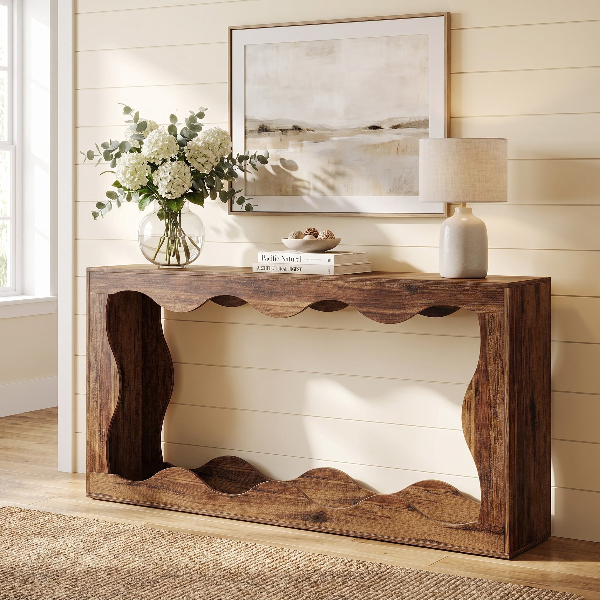 Fnova 63" Long Farmhouse Console Table for Entryway, Wave-Shaped Wood Entryway Table, Sofa Table for Living Room, Dark Brown,Dark Brown