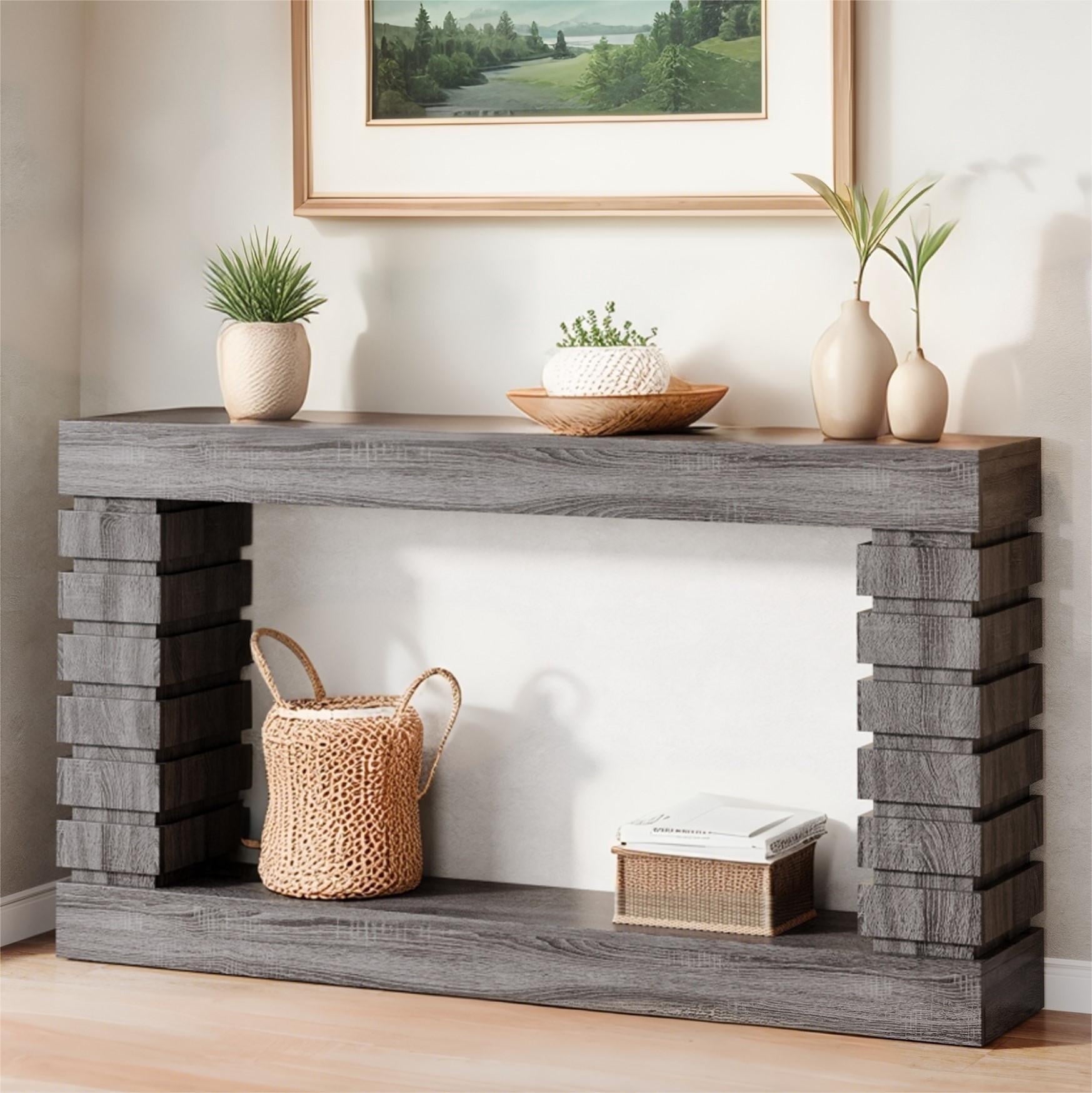 Fnova 70.87-Inch Farmhouse Console Table for Entryway, 2-Tier Storage Long Narrow Wood Entryway Table, Easy Assembly, Gray,WM010222C_G_Tables