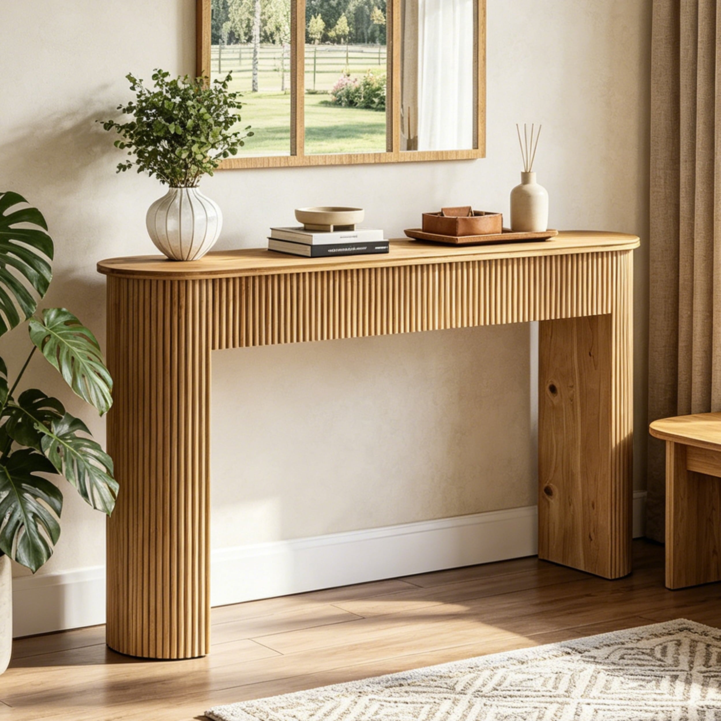 Fnova 63" Solid Wood Console Table, Retro Fluted Entryway Table with Wide Legs, Long Narrow Sofa Table for Living Room, Hallway, Entryway,0