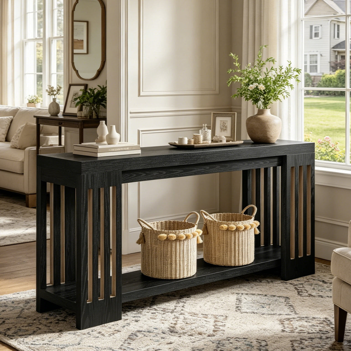 Fnova 70.9-Inch Console Table, 2-Tier Extra Long Farmhouse Entryway Table with Vertical Stripe Legs, Wood Sofa Table for Living Room, Hallway, Entrance,WM010351_B_US