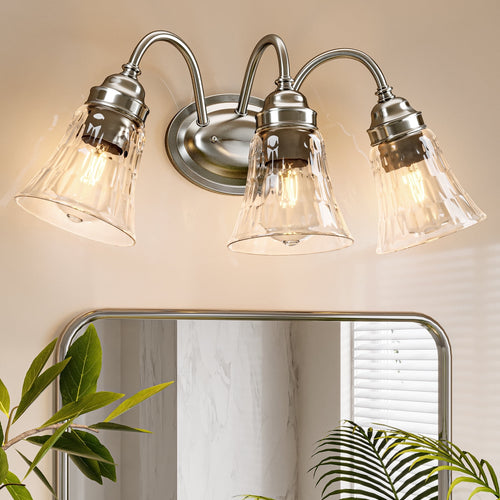 Fnova 3-Light Bathroom Light Fixtures, Modern Wall Lights with Glass Shades, Bathroom Vanity Gold Wall Sconce Lamp for Mirror Bedroom Living Room Hallway Cabinet, E26 Base (Bulbs Not Included),Sliver