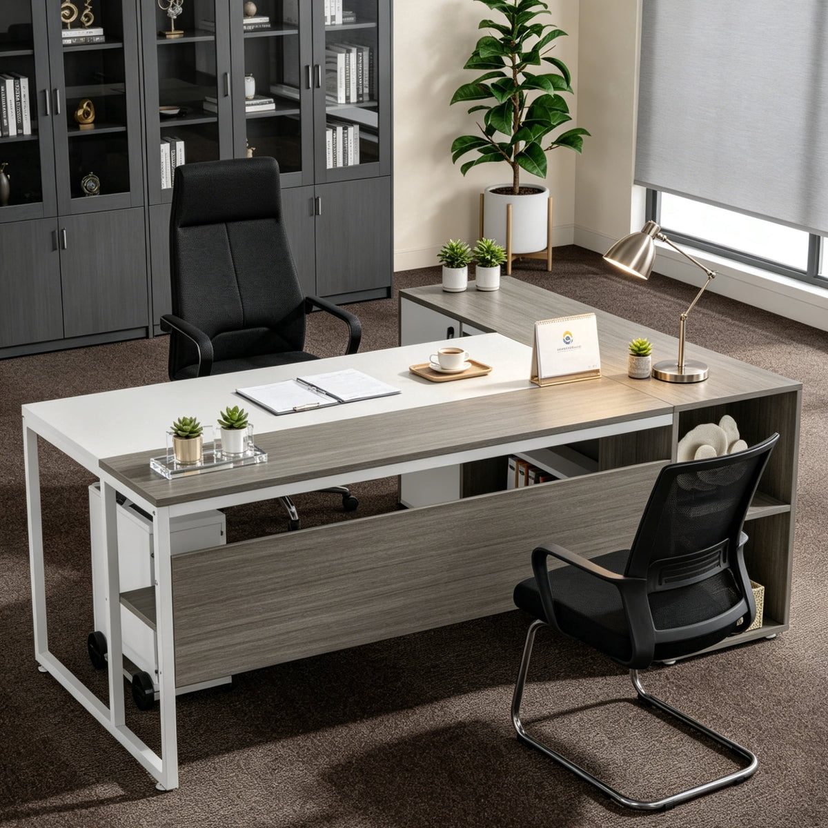 Fnova 71-Inch L-Shaped Desk, Large Corner Computer Table, Executive Office Desk with Storage Shelves, Heavy-Duty Conference Table for Home Office,WM010423_GW_US