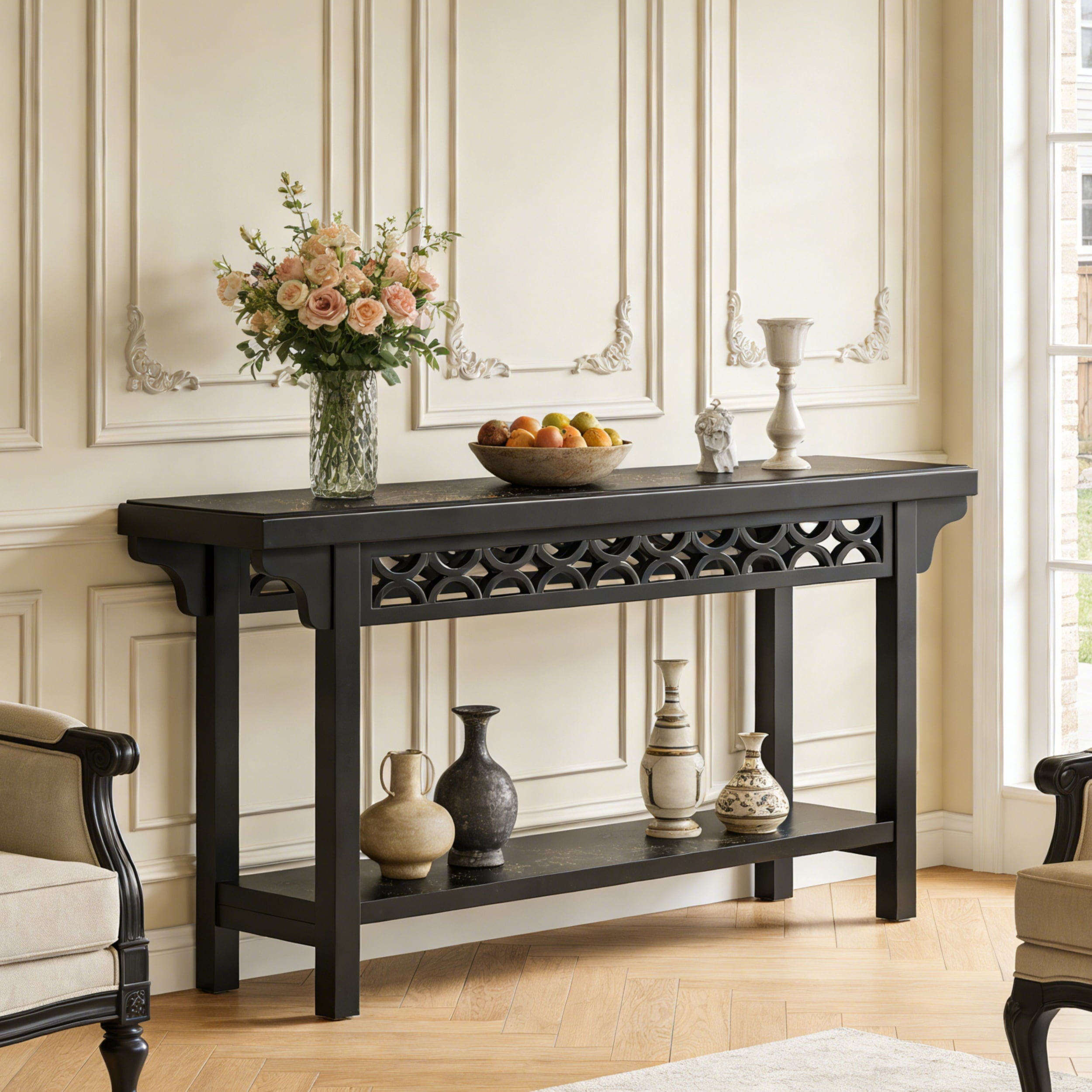 Fnova 70.87-Inch Farmhouse Console Table, Wood Entryway Table with Carved Design & Storage Shelf, Slim Sofa Table for Living Room Hallway, Black,WM010340_B_US