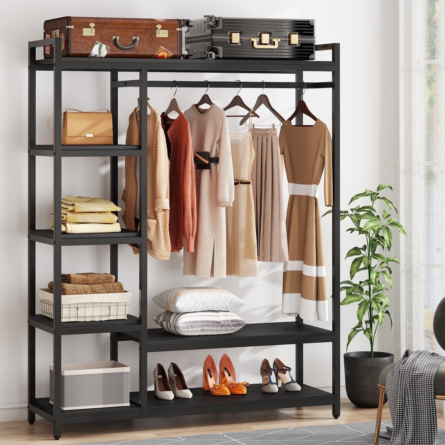 Fnova Clothes Rack with Shelf, Freestanding Closet Organizer, Heavy Duty Industrial Hall Tree Garments Rack for Small Space, Bedroom, Black,WM010508_B_Rack