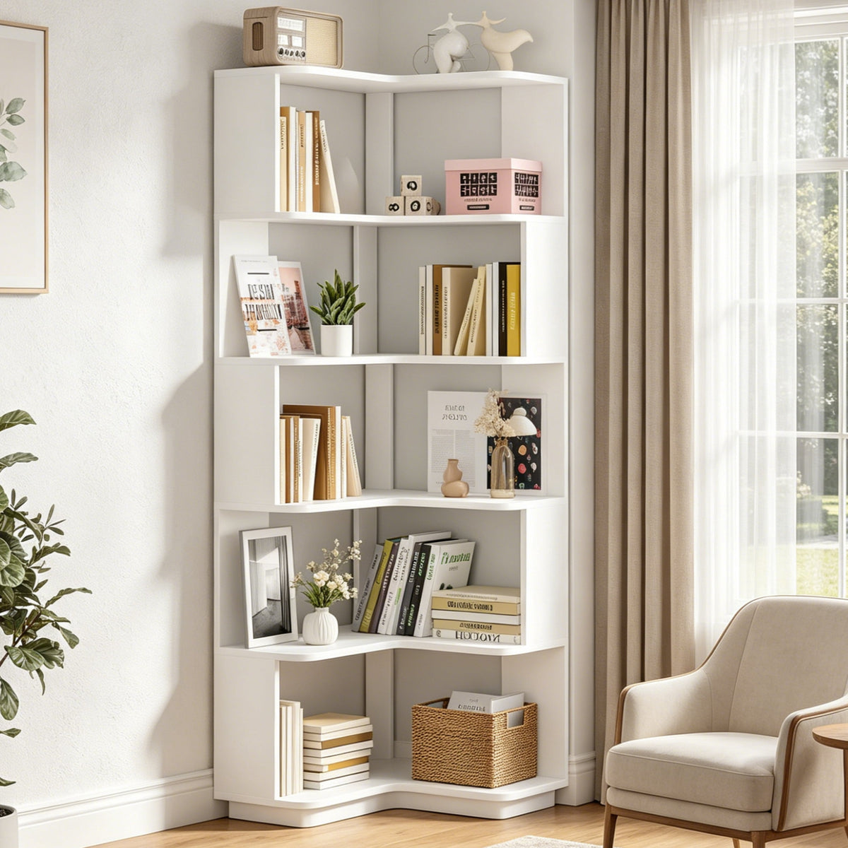 Fnova 64.9-Inch 6 - Tier Industrial Corner Bookshelf£¬ Modern Wood L-Shaped Bookcase with Anti-Tip, Freestanding Corner Display Shelf Storage Organizer,WM010516_W_Shelf