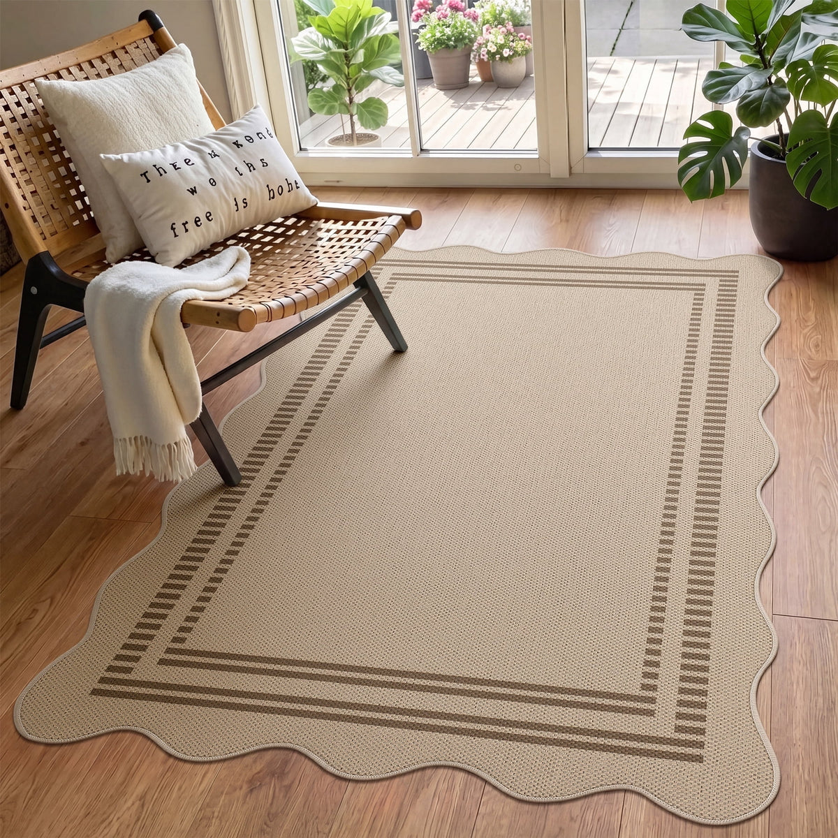 Fnova Scalloped Border Striped Jute Woven Area Rug, Non-Slip Backing, Machine-Washable Indoor Rug, Rectangular Rug for Entryway, Bedroom, Kitchen, Living Room, Balcony,WM011604_BNx3_US