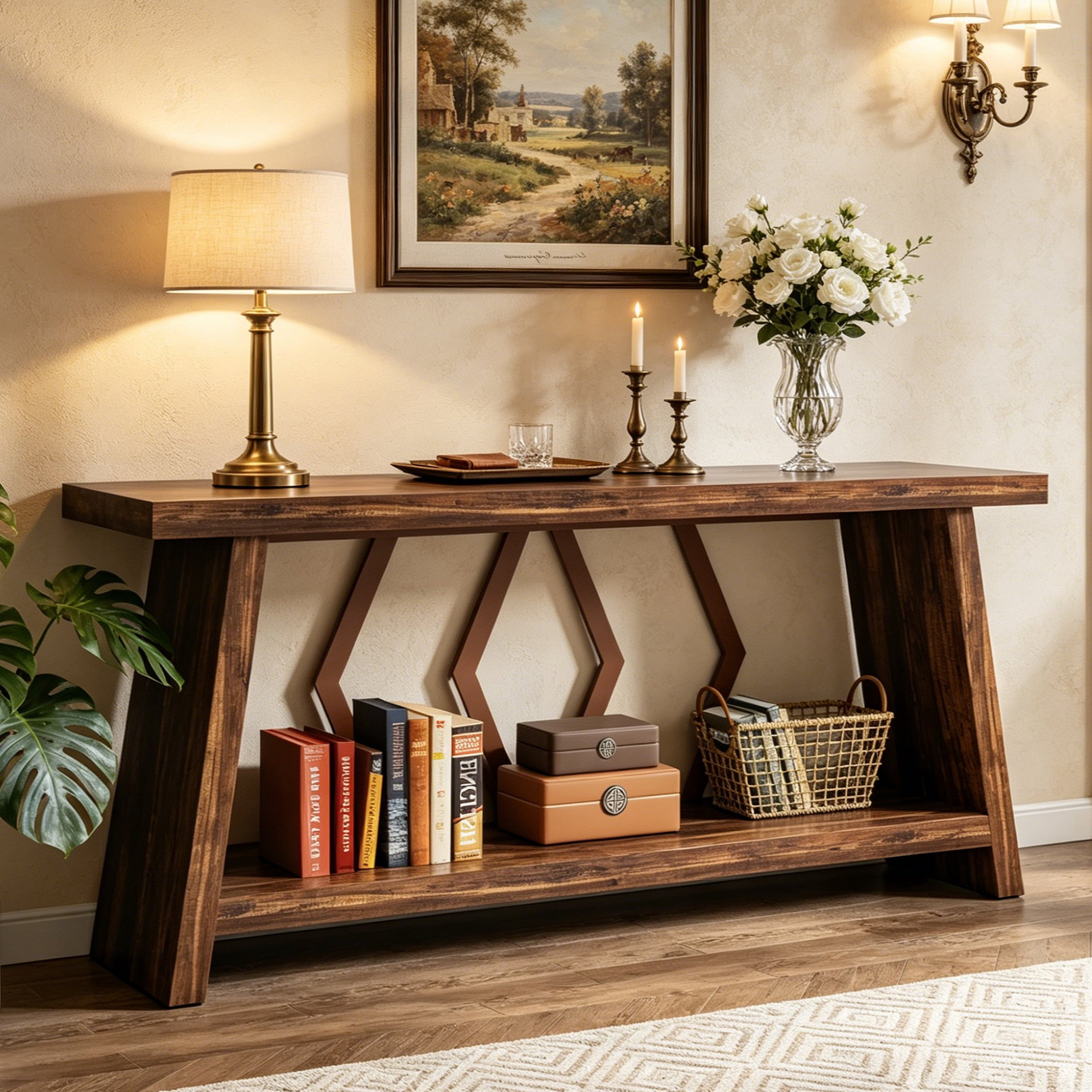 Fnova 70.86" Farmhouse Console Table for Entryway, 2-Tier Storage Long Narrow Wood Entryway Sofa Table, Easy Assembly, for Living Room Staircase Hallway Decor,Dark Brown