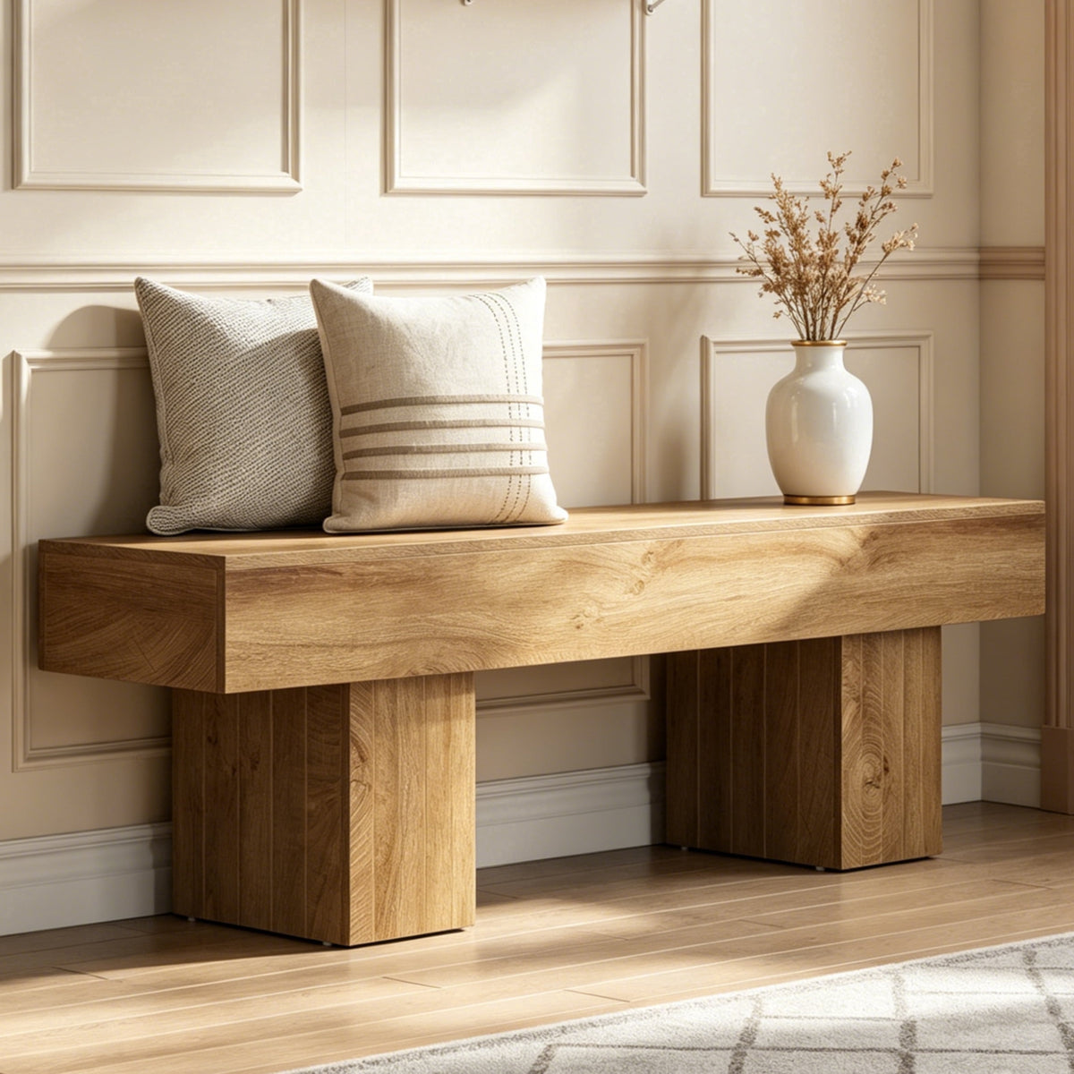 Fnova 55.12 Inch Farmhouse Wooden Bench, Wood Indoor Bench, Multi-Functional Long Seating Bench for Entryway Hallway Bedroom Dining Room,WM011212_LBN_US