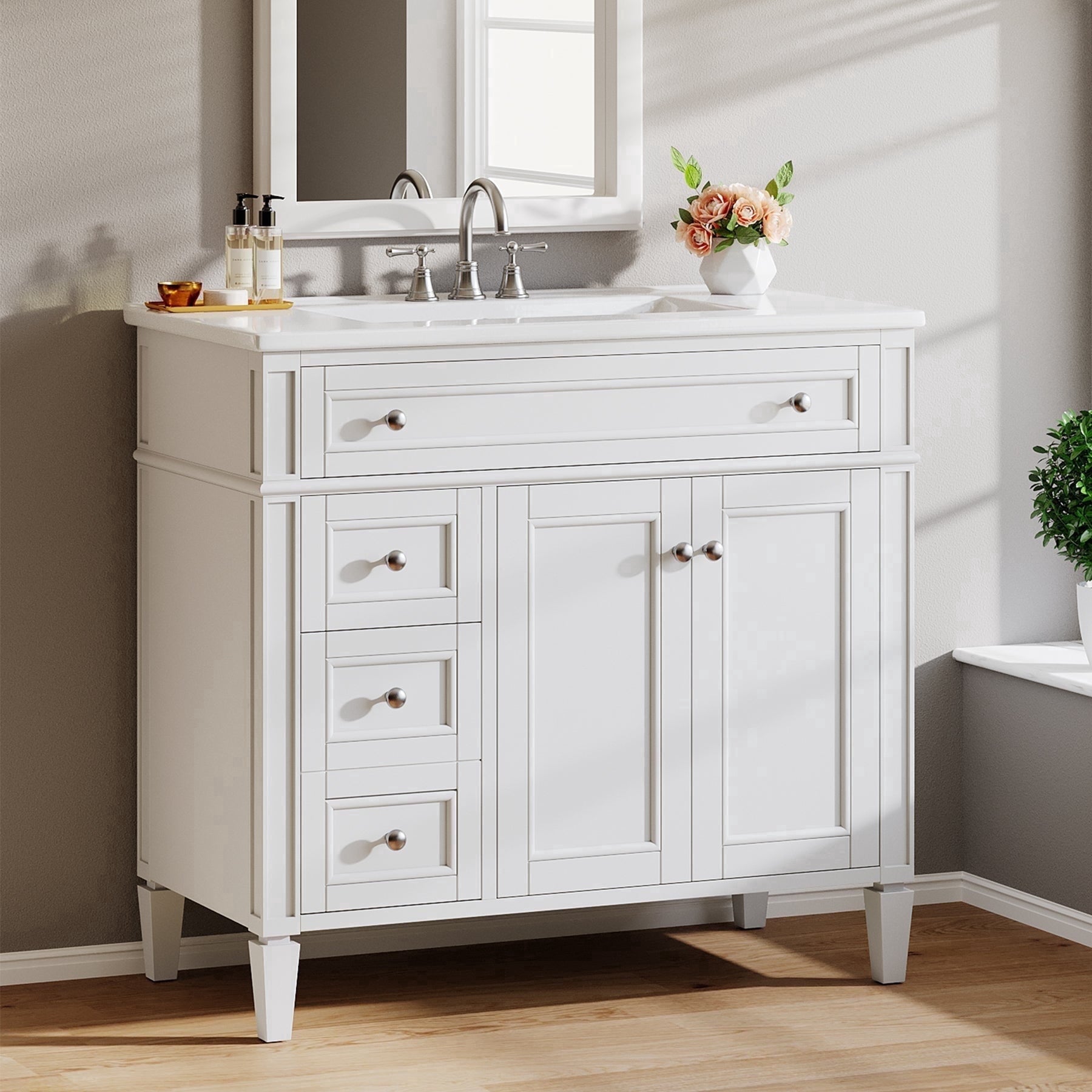 Fnova 36" Bathroom Vanity with Sink, Modern Bathroom Sink Cabinet with 4 Drawers & 2 Doors, Bath Storage Vanity Sink with Metal Handles, Solid Wood Frame, White,36" White