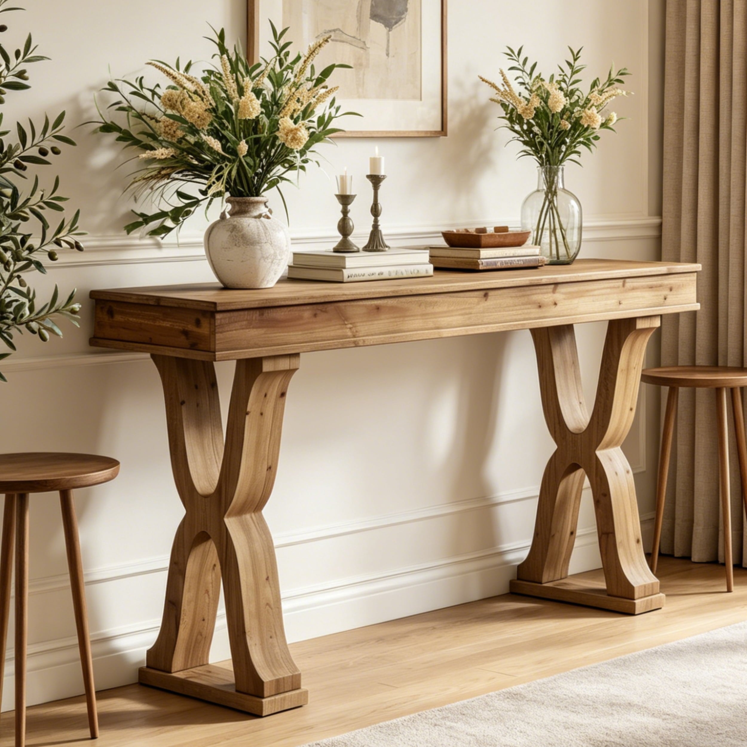 Fnova 63 Inch Solid Wood Farmhouse Console Table with X-Shaped Legs, Narrow Entryway Table, Hallway Sofa Table Behind Couch for Living Room, Foyer,Dark Brown