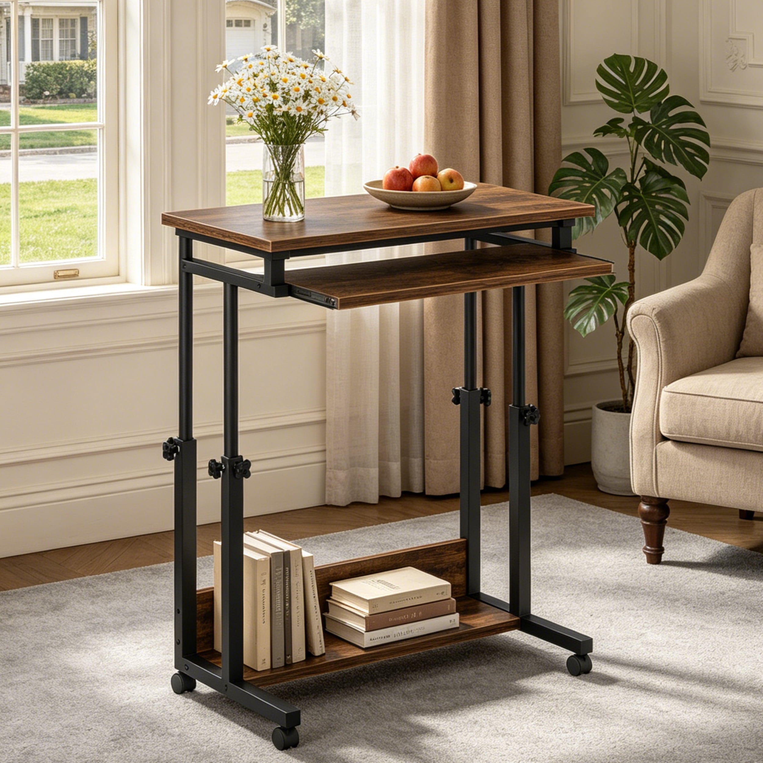 Fnova Height-Adjustable Desk with Wheels, Rolling Computer Cart with Keyboard Tray, Portable Laptop Small Standing Desk for Sofa, Bed, Home Office,Brown