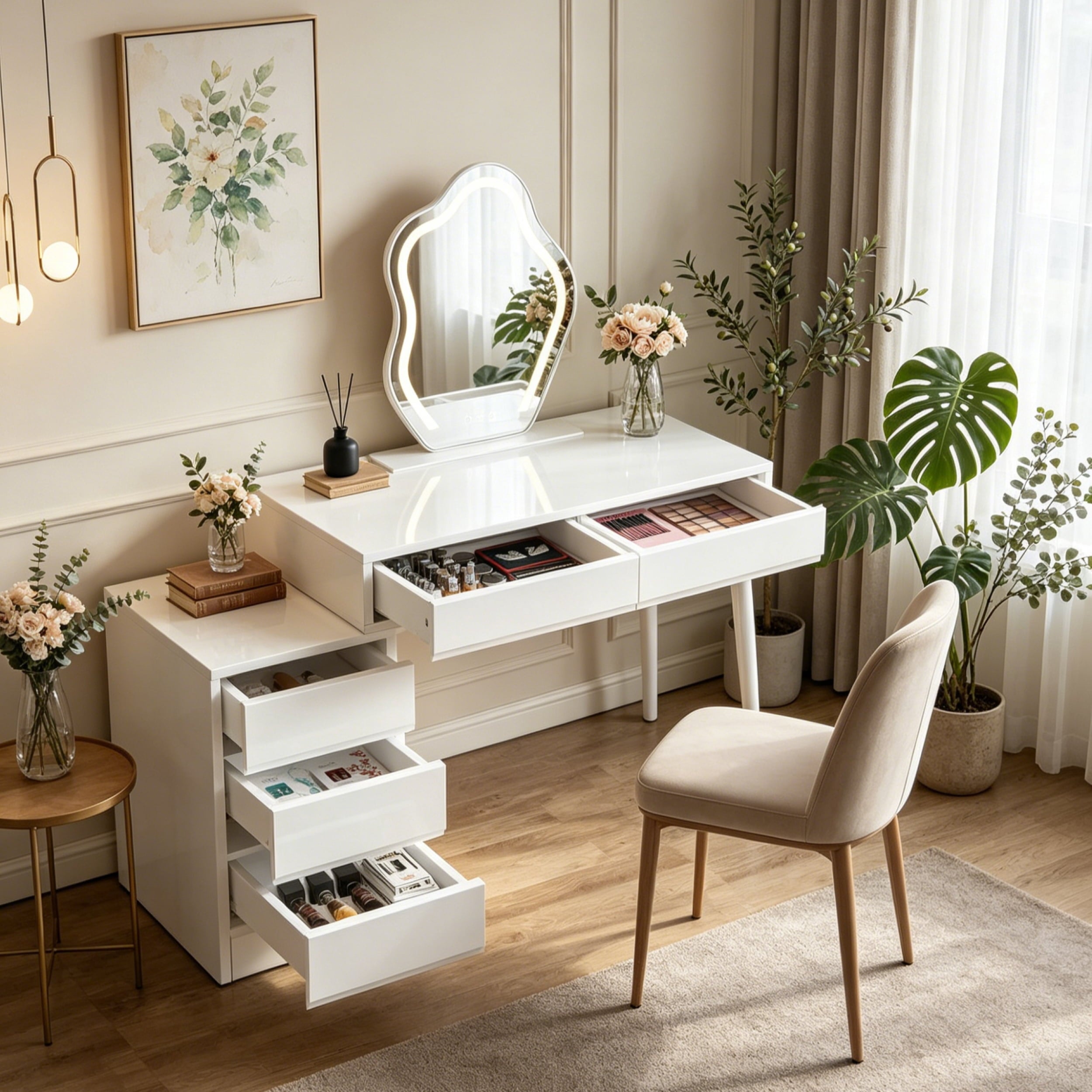 Fnova 55'' Vanity Desk, Makeup Table with 5 Drawers No Mirror, Reversible Drawer Cabinet & Printer Stand, Multifunctional Home Office Vanity for Bedroom, Home Office, Makeup Room & Workspace,White