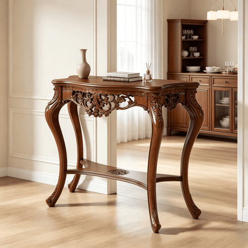 Fnova 37.6-Inch Vintage Console Table, Two-Tier Engineered Wood Entryway Sofa Table with Hollow Floral Apron for Entryway Hallway Living Room Foyer Decor,WM010964_BN_US