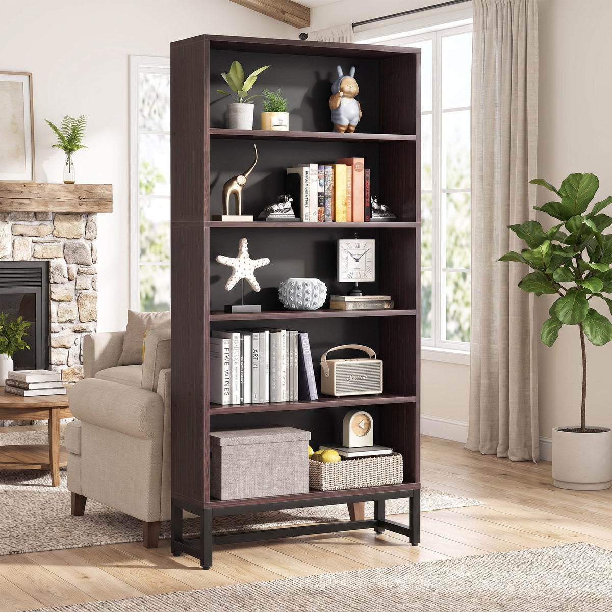 Fnova 70.8-Inch Tall 5-Tier Storage Shelf Unit, Closed Back Anti-Tipping Industrial Bookshelf Shelving for Living Room Bedroom Home Office,WM010551_DBN_US