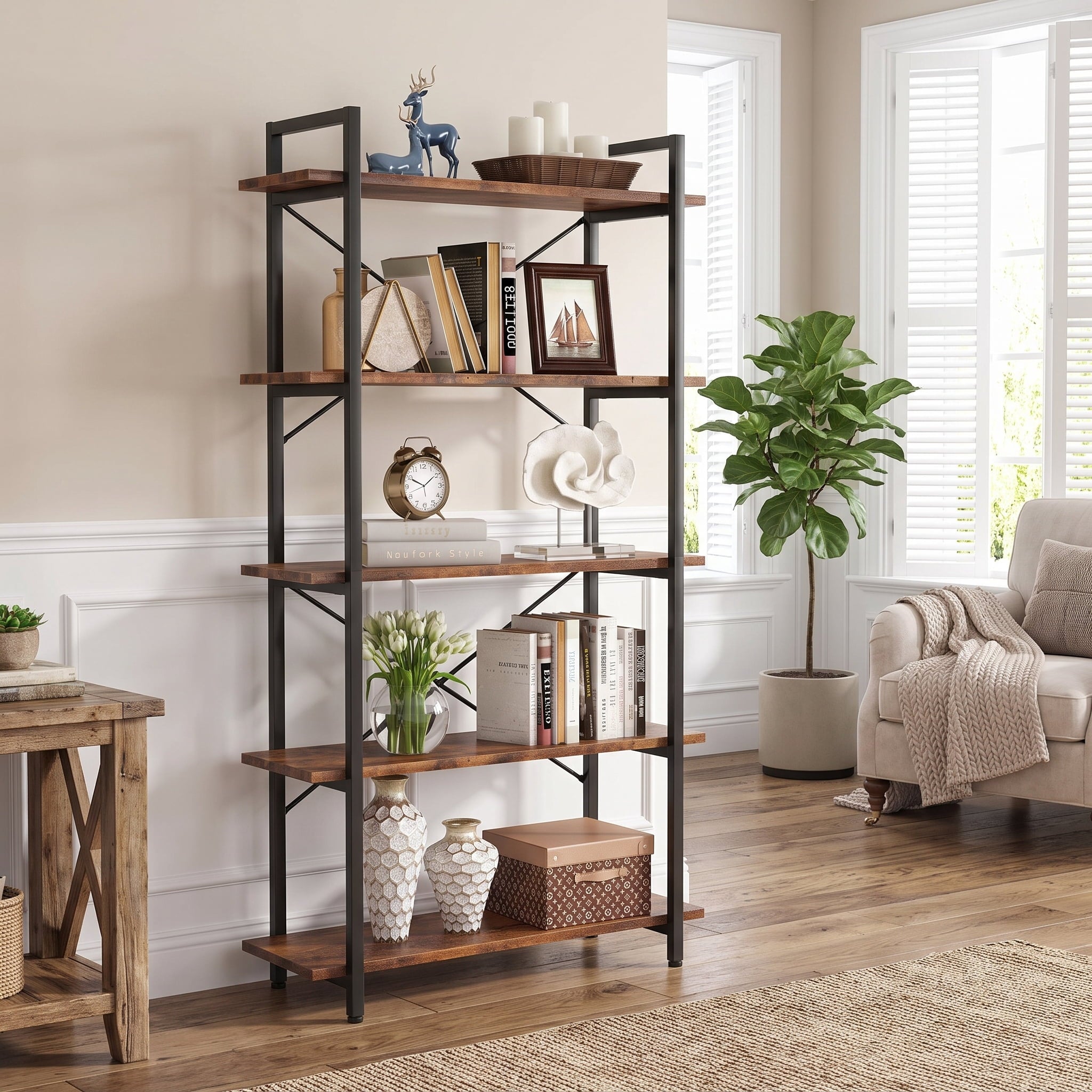 Fnova 5-Tier Industrial Storage Shelf Unit, Heavy Duty Metal Frame Open Bookcase Display for Living Room Bedroom Study Home Office,WM010552_BNB_US