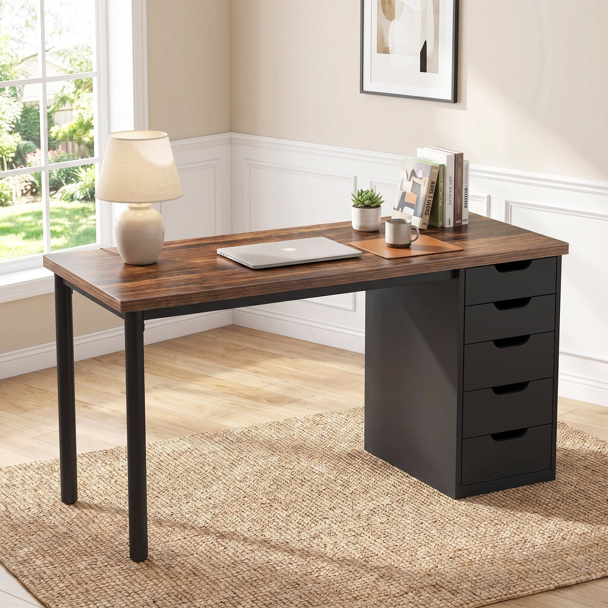 Fnova 47.24-Inch Computer Desk with 5 Drawers, Reversible File Cabinet, Writing Workstation for Home Office Bedroom Study Makeup Vanity Desk Furniture,WM010404C_BNB_Desk