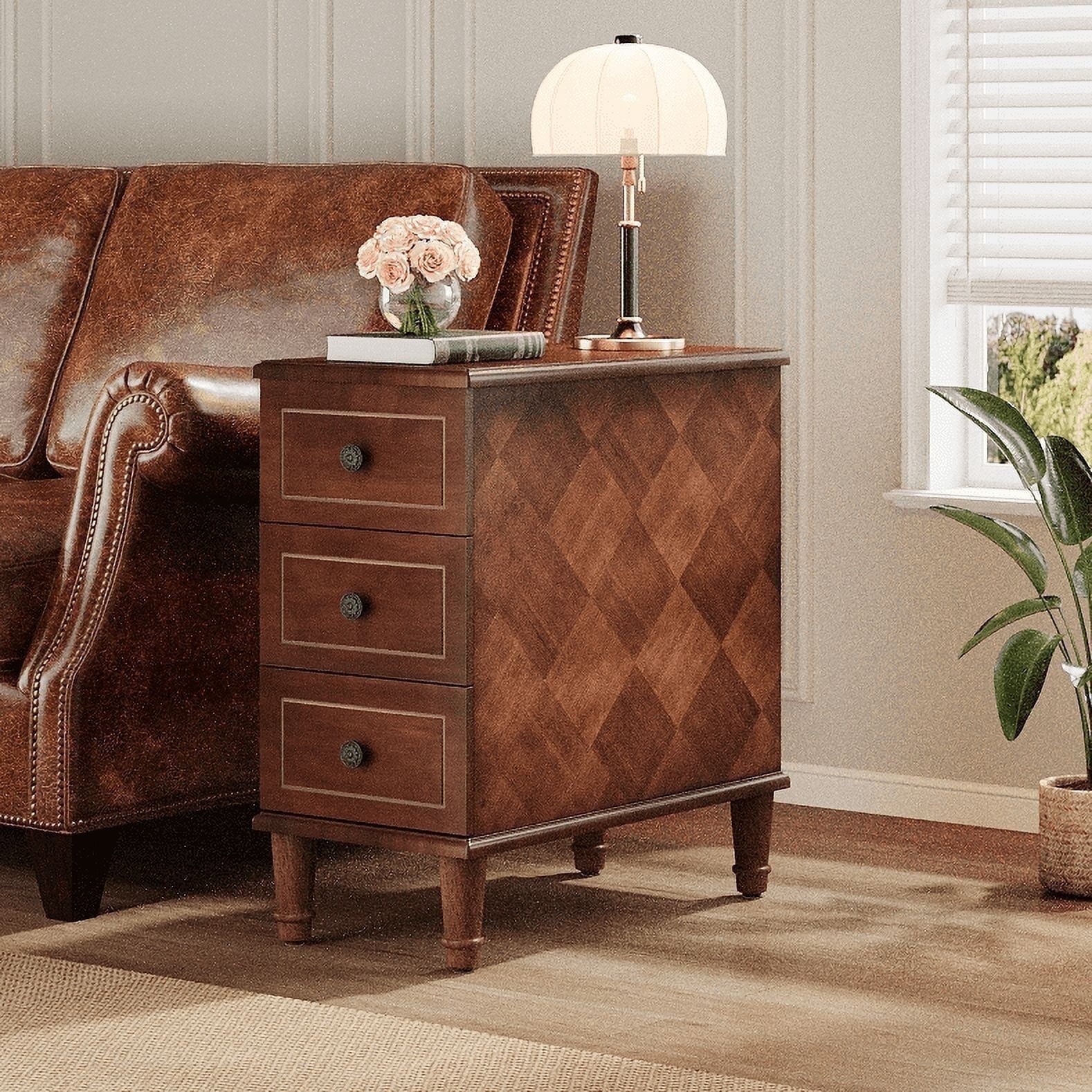 Fnova Side Tables with 3 Drawers, No Assembly Required, Narrow End Tables for Living Room, Nightstand Bedside Table for Bedroom, Walnut,Vintage Brown