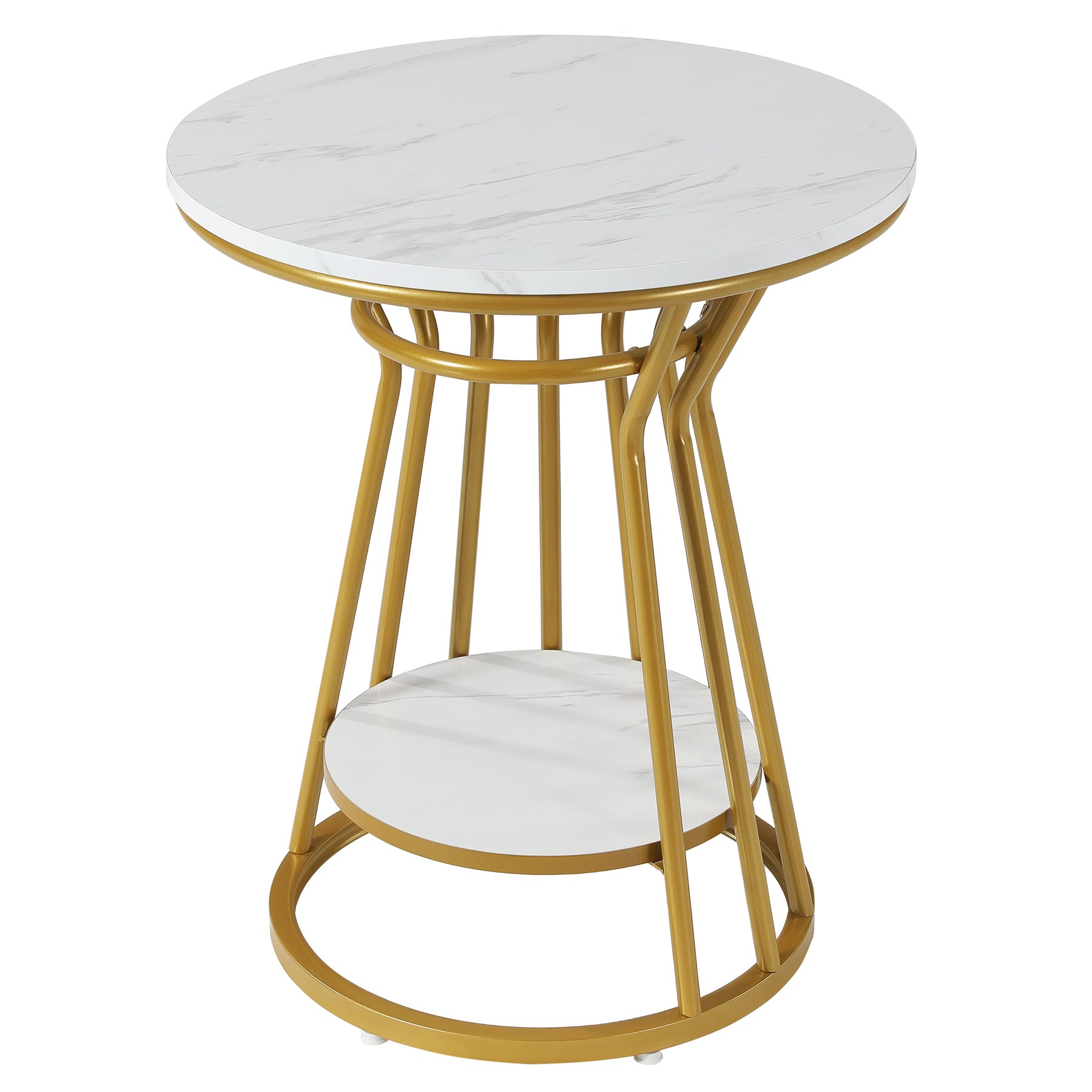 Fnova 19.7" Round End Table, 2-Tier Faux Marble Side Table with Gold Metal Frame, Modern Accent Table, Small Nightstand for Living Room, Bedroom, Sofa Side, White & Gold