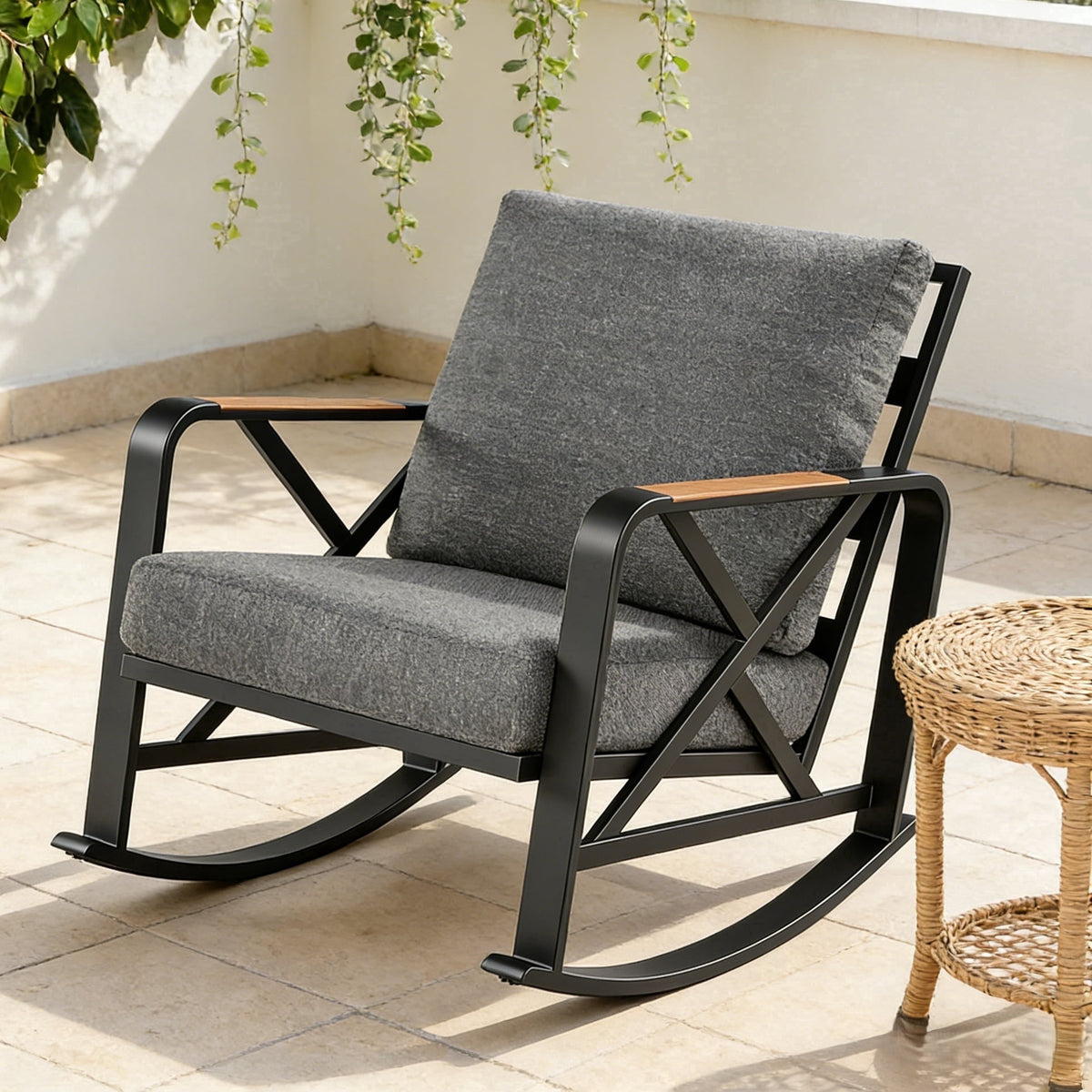 Fnova Outdoor Rocking Chair, Heavy Duty Metal Patio Rocker with Weather Resistant Fabric, Thick High Density Cushion, Ergonomic Anti-Tip Patio Chair for Balcony, Backyard, Porch and Garden,WM011501_G_US