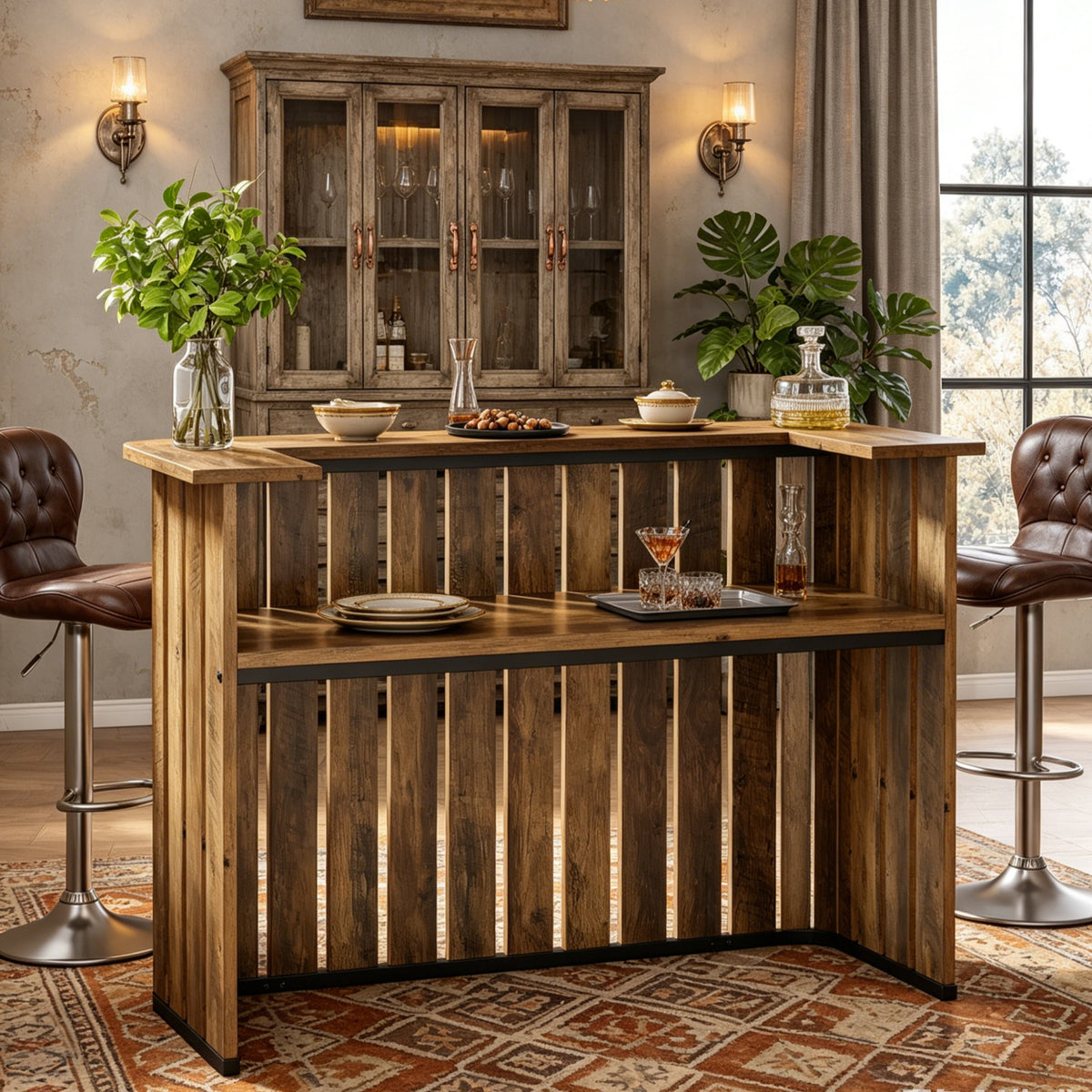 Fnova U Shaped Home Bar Unit with Storage Shelf, Bar Table for Home Pub Basement Wine Corner Entertainment Space,WM010951_BN_US