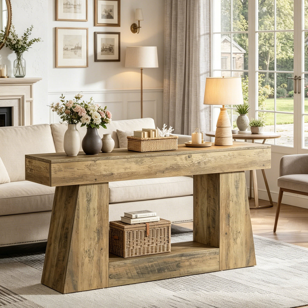Fnova 63-Inch Farmhouse Console Table, 2-Tier Rustic Entryway Table with Storage, Narrow Long Sofa Table for Living Room, Hallway, Foyer,WM010396_BN_US