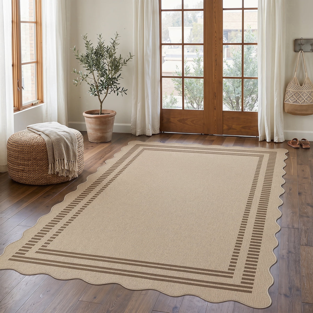 Fnova Scalloped Border Striped Jute Woven Area Rug, Non-Slip Backing, Machine-Washable Indoor Rug, Rectangular Rug for Entryway, Bedroom, Kitchen, Living Room, Balcony,WM011604_BNx5_US