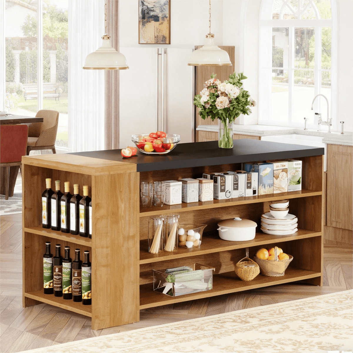 Fnova 55.12-Inch Modern Kitchen Island with 5-Tier Open Shelves, Kitchen Prep Island Workstation, Thickened Waterproof Scratch-Resistant Tabletop, for Kitchen, Dining Room, Living Room, Easy Assembly,WM010298_BN_Tables