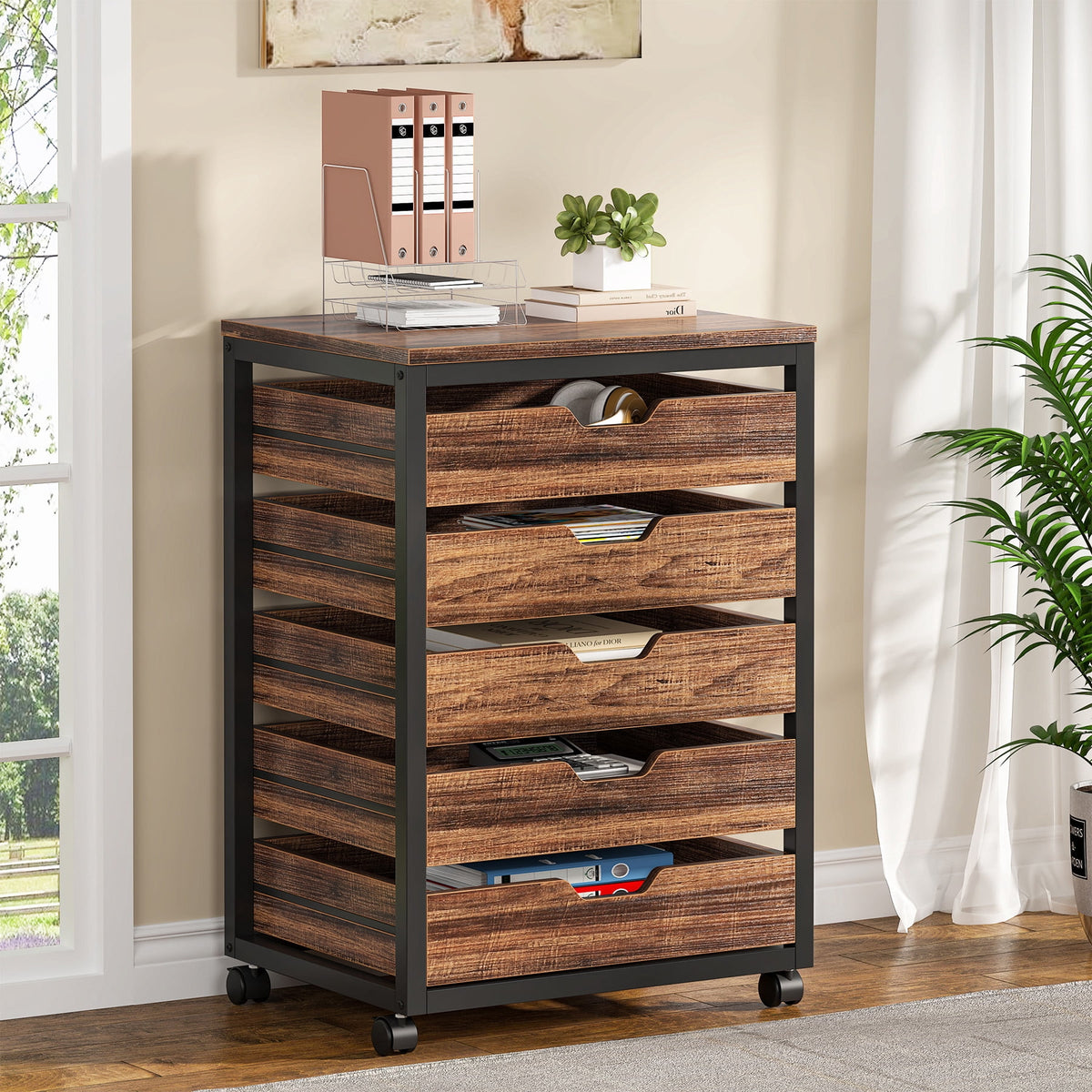 Fnova 5-Drawer Mobile Storage Cabinet with Wheels, Industrial Wooden File Cabinet for Office, Home, Study, Bedroom, Under Desk Organizer,WM011324_BN_Cabinet