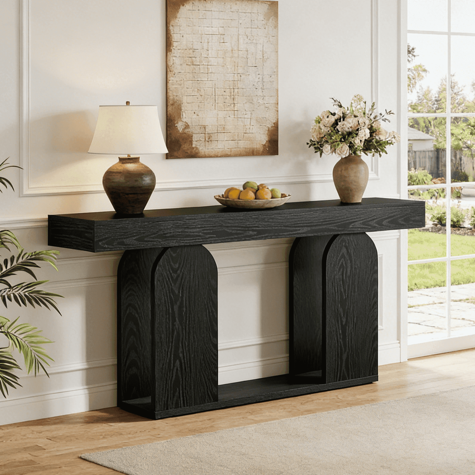 Fnova 70.87" Farmhouse Console Table for Entryway, 2-Tier Storage Long Narrow Wood Entryway Table, Easy Assembly, Black,Black