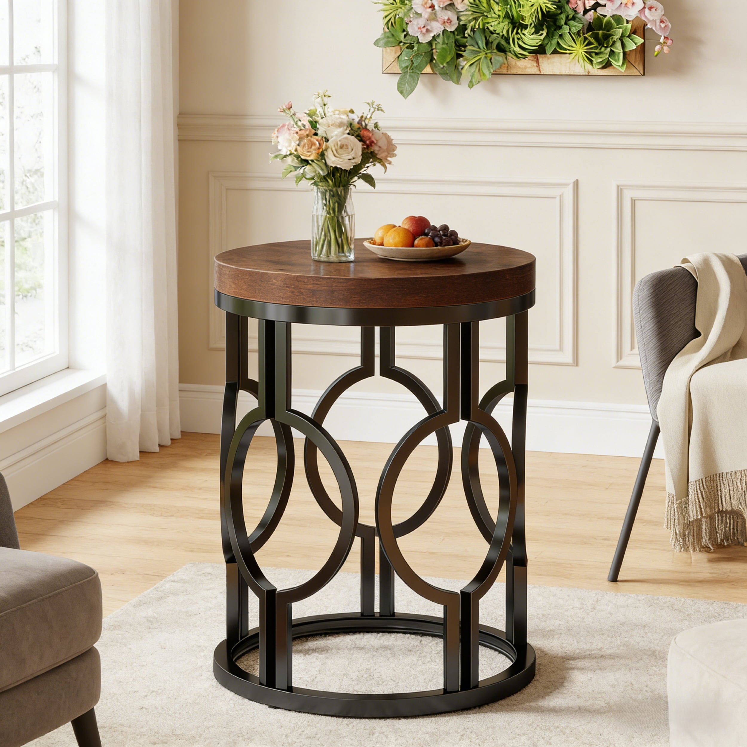 Fnova Round End Table, Industrial Small Side Table with Metal Hollow Frame for Living Room, Bedroom, Easy Assembly Nightstand,Brown