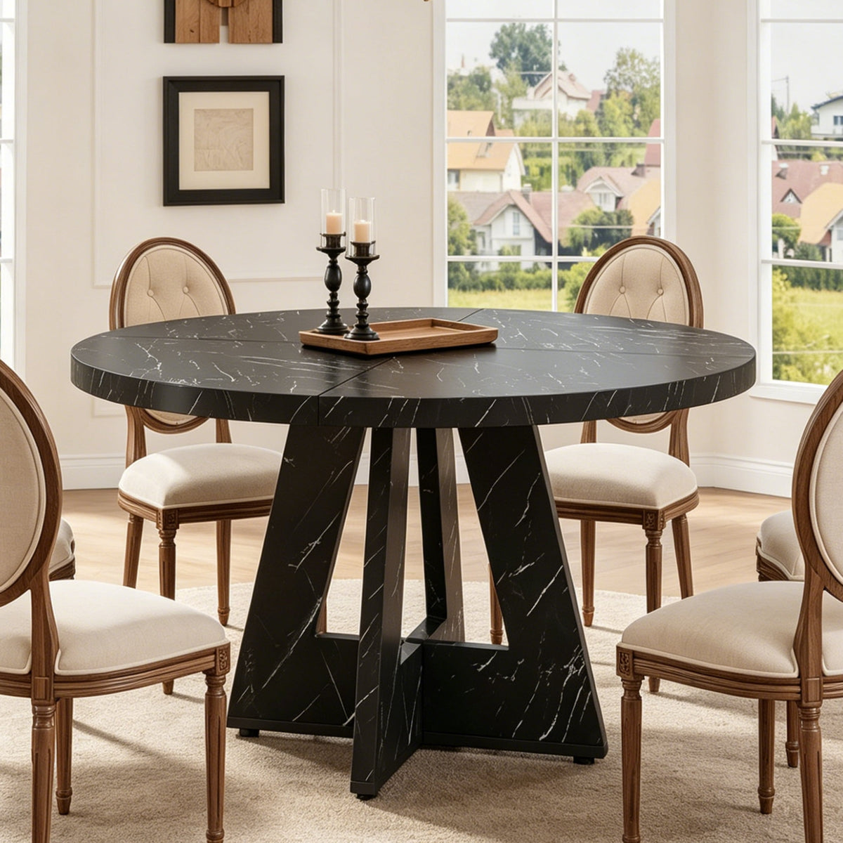 Fnova 47-Inch Coffee Table, Round Dining Table for 4 People, Modern Farmhouse Wooden Kitchen Table, Living Room, Black (Chairs Not Included),WM010201_BB_US