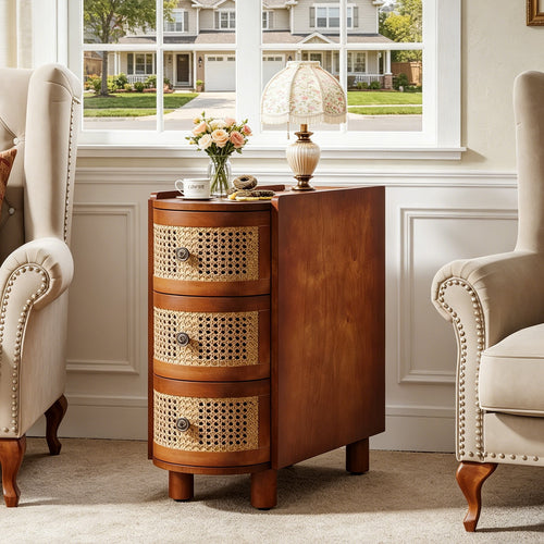 Fnova 26" Solid Wood End Table, Farmhouse Side Table with 3 Rattan Drawers, Slim Sofa Table Nightstand with Vintage Embossed Handles for Living Room, Bedroom, Finished Back, No Assembly,Warm Brown