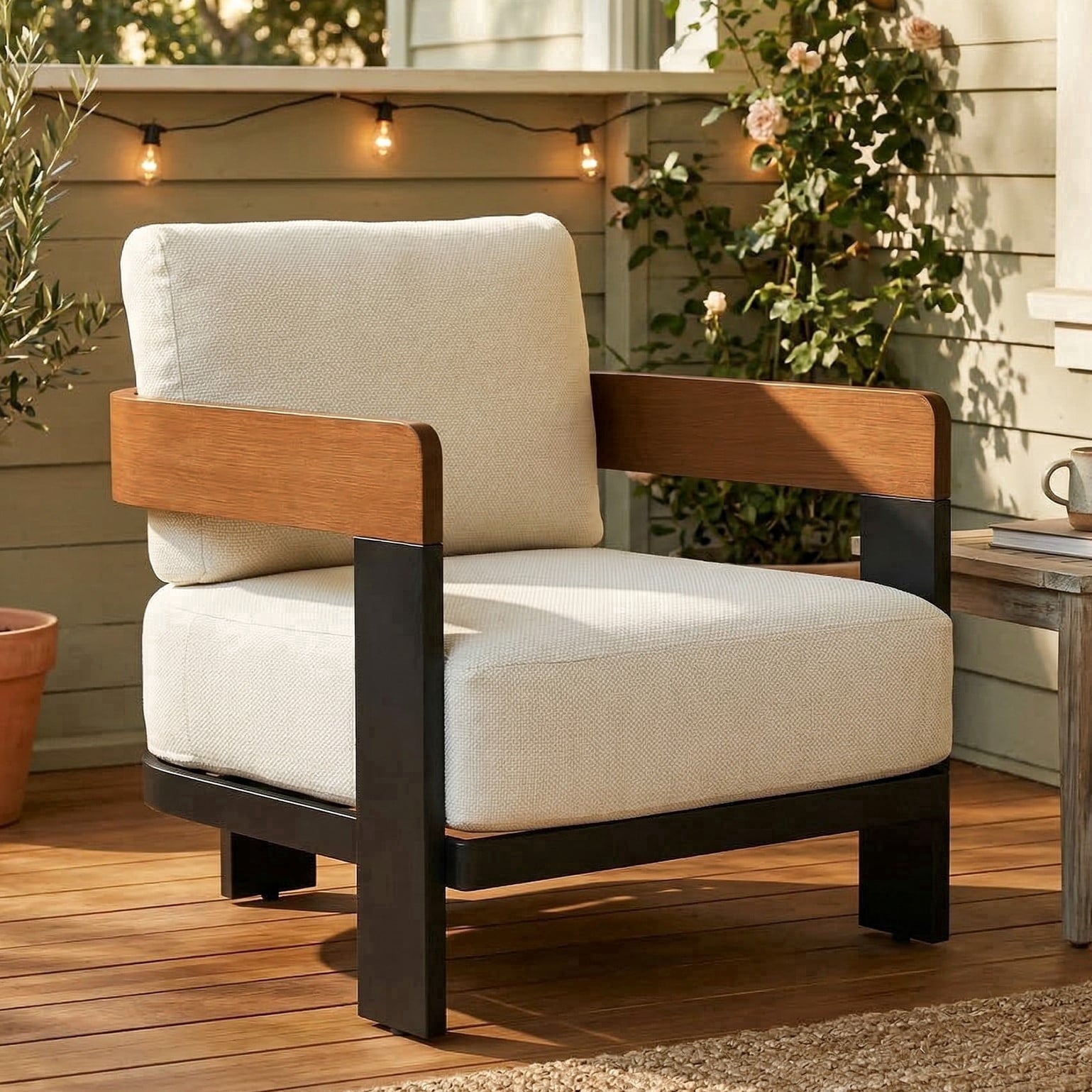 Fnova Outdoor U Shaped Patio Chair, Modern Single Lounge Chair with Ultra Thick Cushion, Heavy Duty Iron Aluminum Frame, 450 LBS Capacity for Patio Balcony Porch,WM011506_W_US