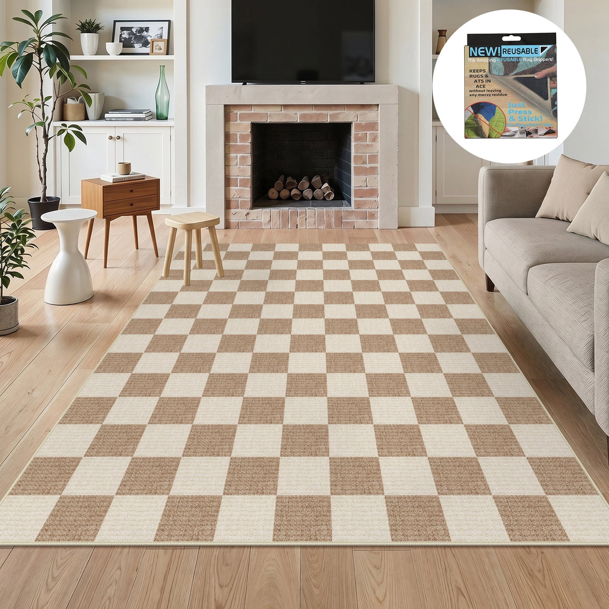 Fnova Checkered Area Rug, 5-Ft x 7-Ft Machine Washable Non Slip Rug for Living Room Bedroom Kitchen, Low Pile Indoor Carpet,WM011602_BN_US
